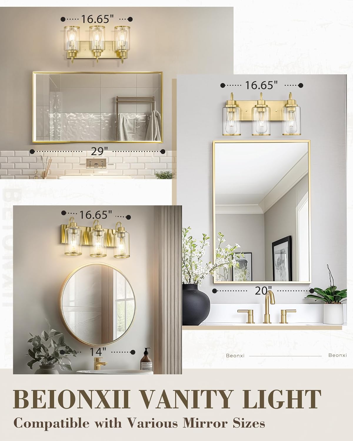 Beionxii Bathroom Vanity Light, 3 Light Gold Bathroom Light Fixtures with Clear Glass Shade, Modern Vanity Lighting Fixtures Over Mirror, Living Room, Hallway, BX-VL01BG-3CG