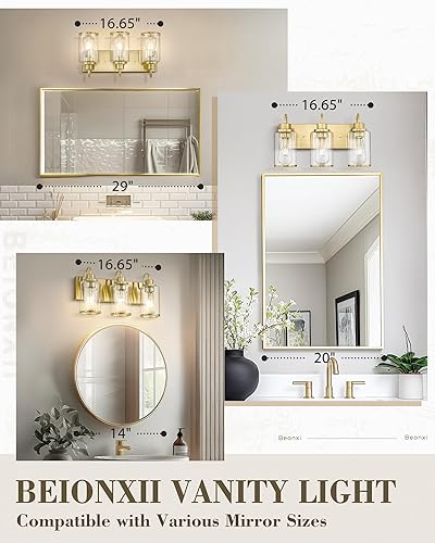 Miniatura 5 de Beionxii BX-VL01BG-3CG - Lámpara de tocador de baño, 3 lámparas doradas claras con pantalla de cristal transparente, accesorios de iluminación