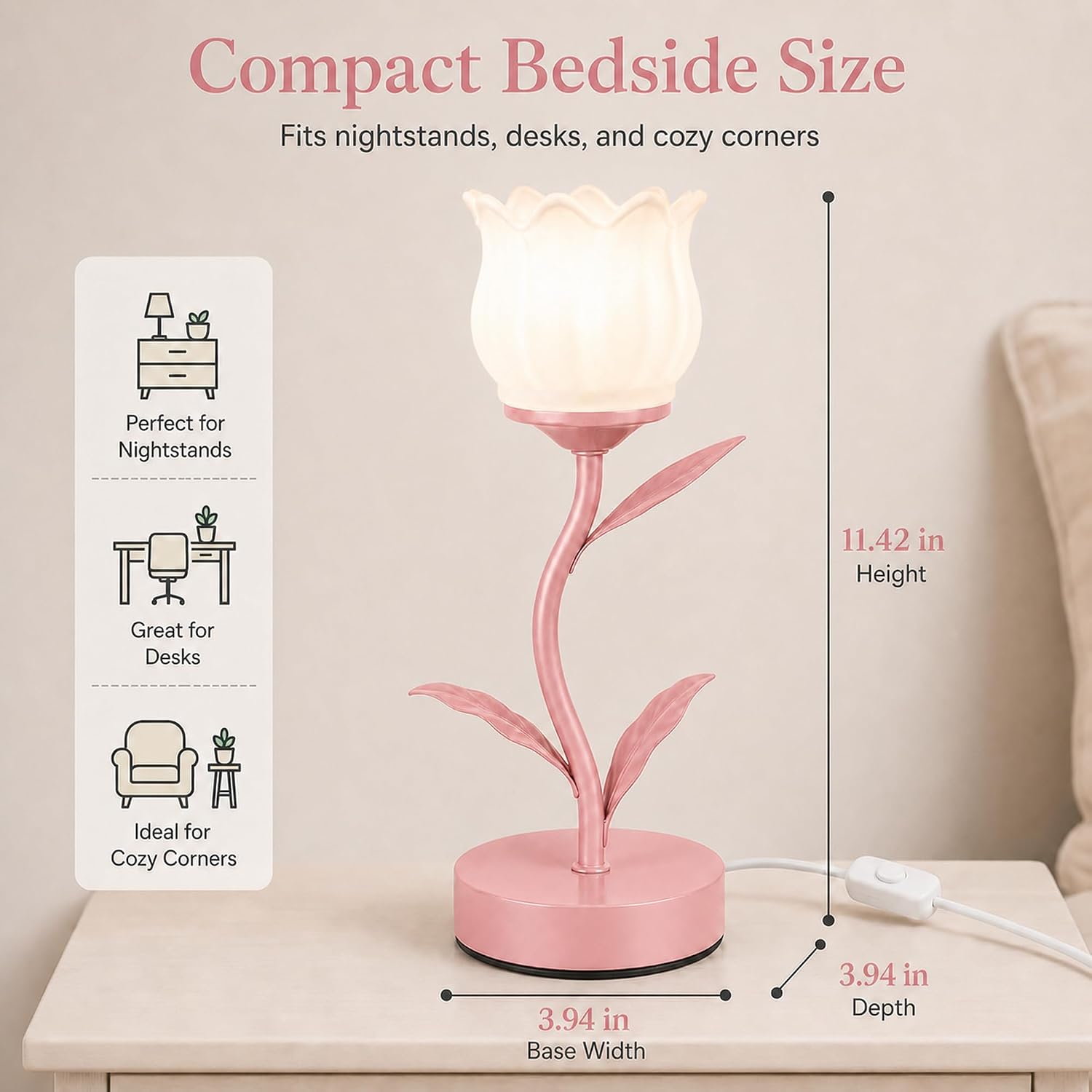 Tulip Lamp for Bedroom, Cute Flower Table Lamp with G9 LED Bulb, 3 Color Temperature Bedside Lamp, Vintage Kawaii Desk Lamp for Nightstand Living Room, Pink image 5