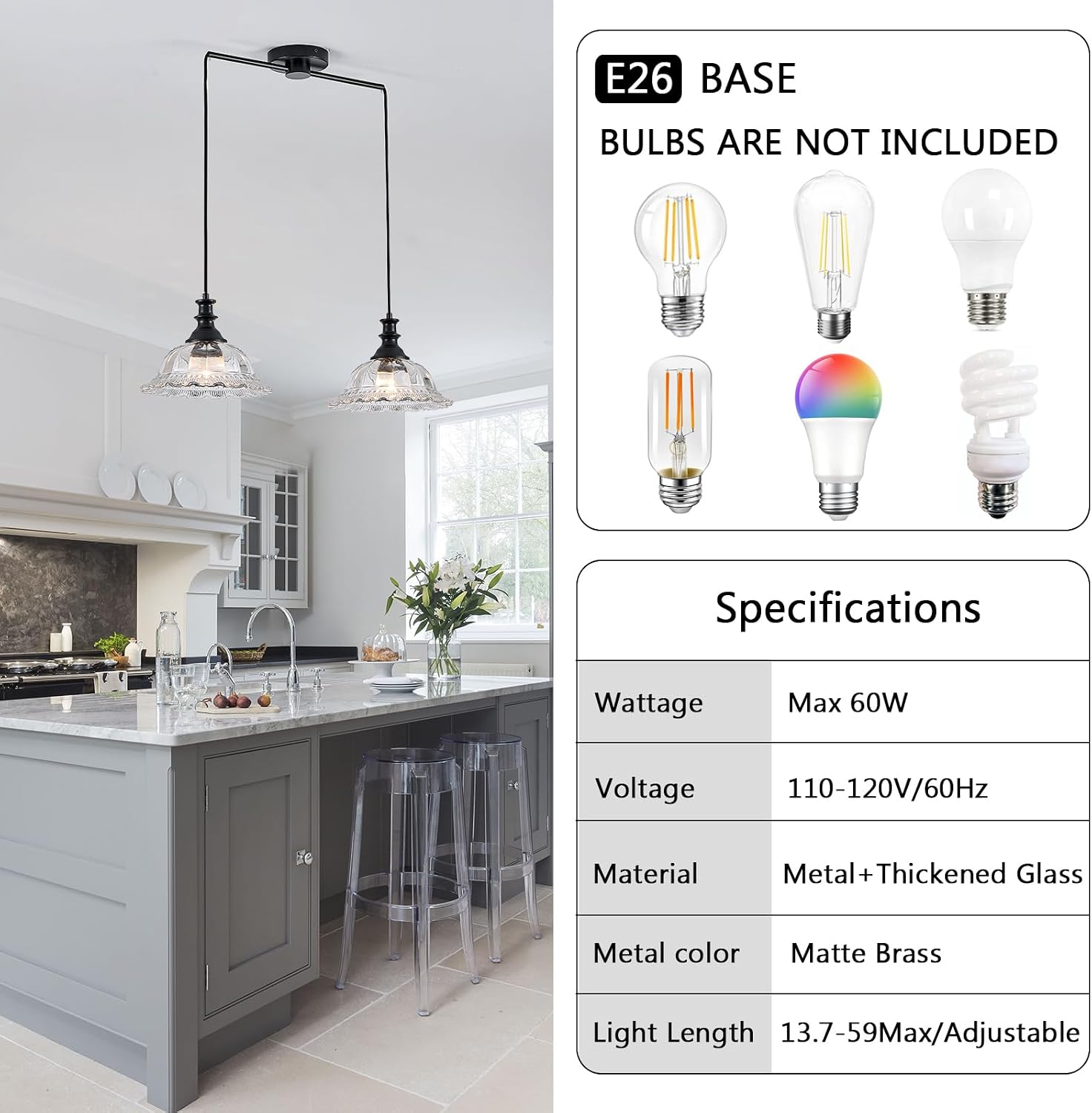 HDDFL 2 Light Pendant Light Fixtures Modern Glass Hanging Lights with Adjustable Cord for Kitchen Island Dining Room Living Room Hallway Black Metal