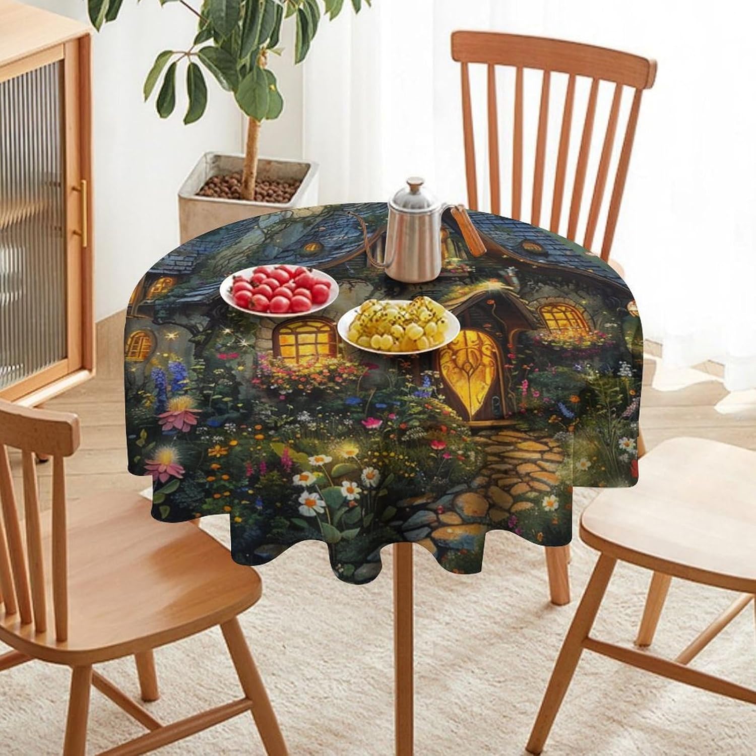Romantic Floral House Round Tablecloth Rustic Path Butterfly Tree Garden Table Cloth for Home Kitchen Holiday Decor Party Indoor Outdoor, 50Inch