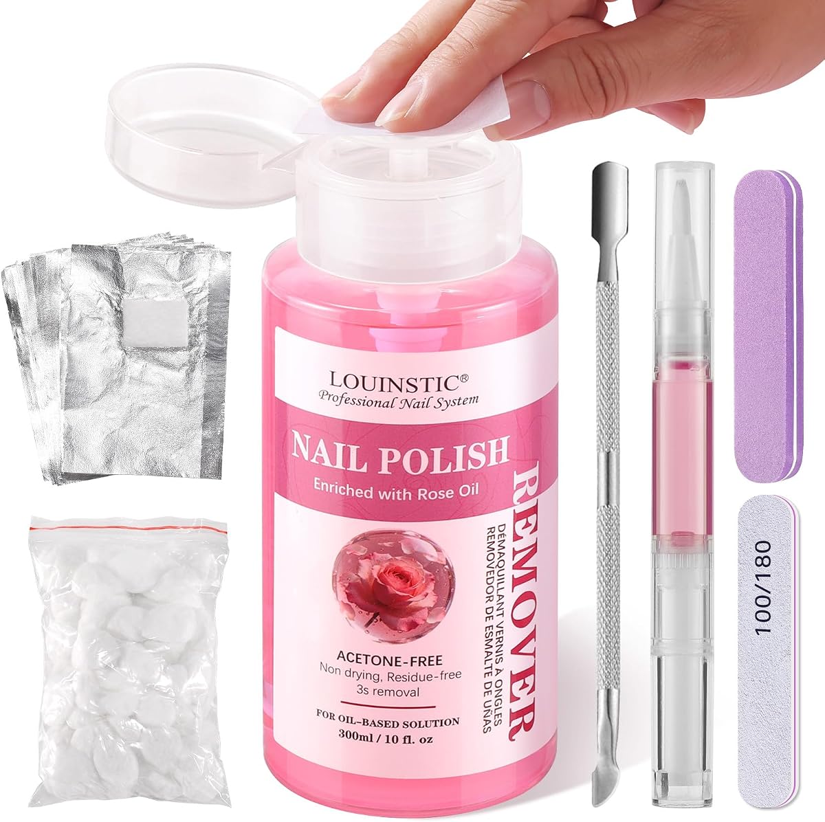 Professional Nail Polish Remover: Pump Bottle, Quickly Remove Nail Polish | Large 300ml Size, Includes Cuticle Oil & Removal Tools, Gentle Blended Formula, Relieve Dryness, At-Home DIY Nail Supplies