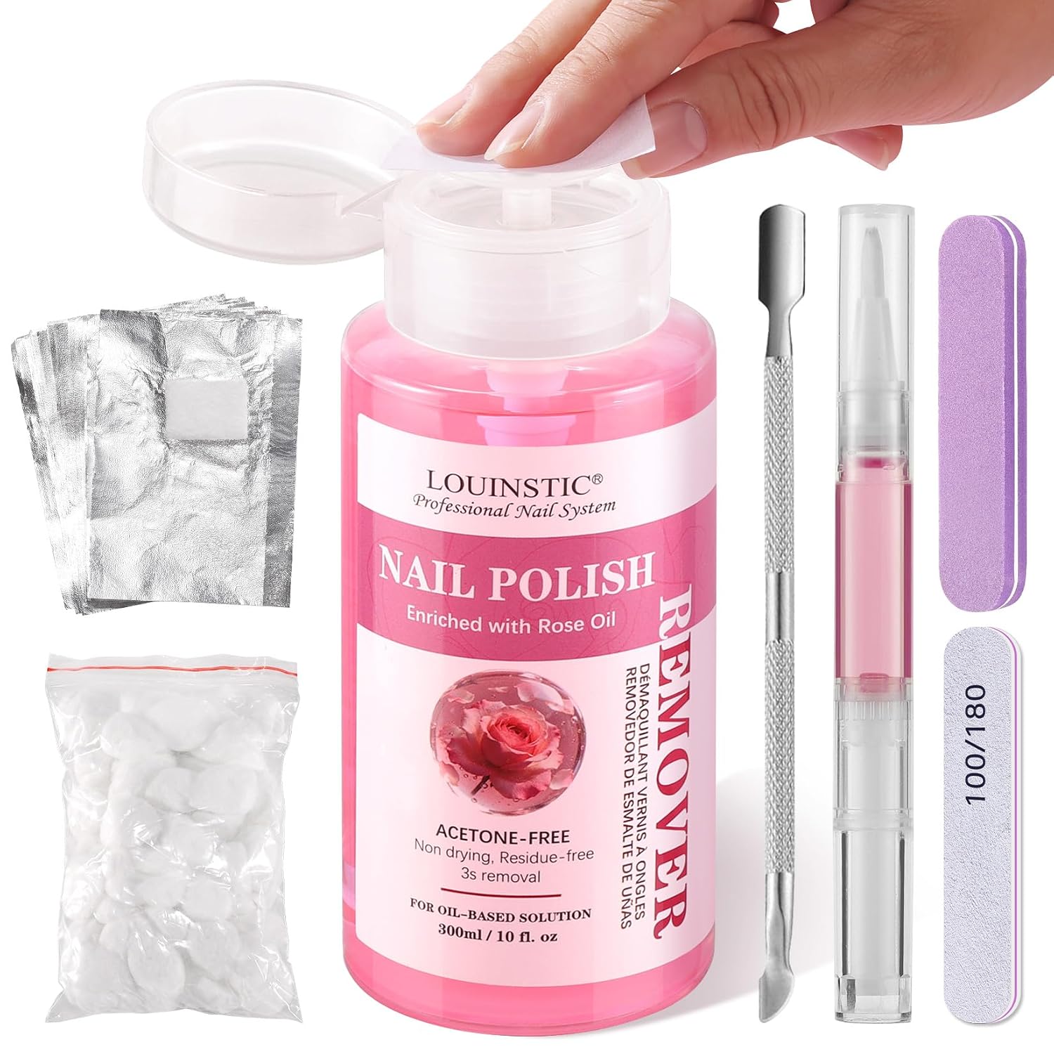 Gentle Nail Polish Remover: 10.15 Fl Oz, with Press Pump, Quickly Removes Nail Polish/Glitter/Glue/Nail Tips/Gel, Professional Nail Soak Off Kit, with Removal Tool & Rose Cuticle Oil, Salon & DIY Use