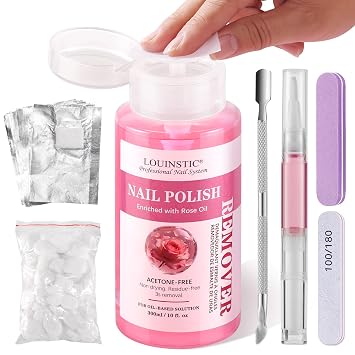 Gentle Nail Polish Remover 10.15 Fl Oz, with Press Pump, Quickly Removes Nail Polish/Glitter/Glue/Nail Tips/Gel, Professional Nail Soak Off Kit, with Removal Tool & Rose Cuticle Oil, Salon & DIY Use