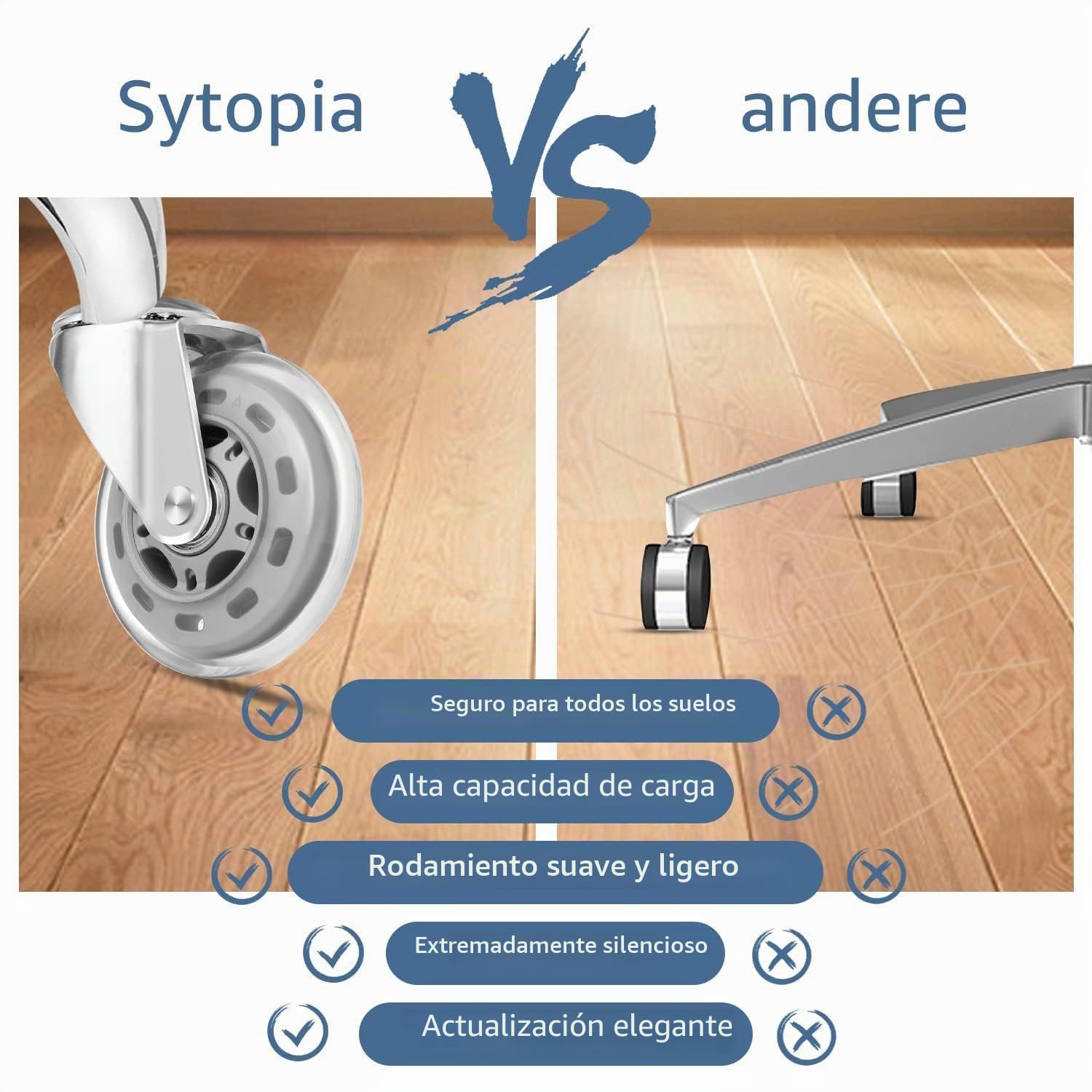 Sytopia Ruedas para silla de oficina con pasador de 10 mm x 22 mm, juego de 5 ruedas grandes para suelos de parqué y alfombras, ruedas supersilenciosas y suaves para suelos duros, solo compatibles con