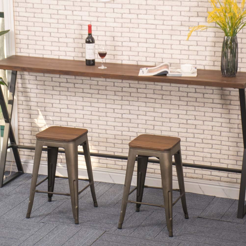 Yongchuang 24" Metal Counter Height Bar Stools Set of 4 Stackable Backless Barstools with Wood Top Gunmetal