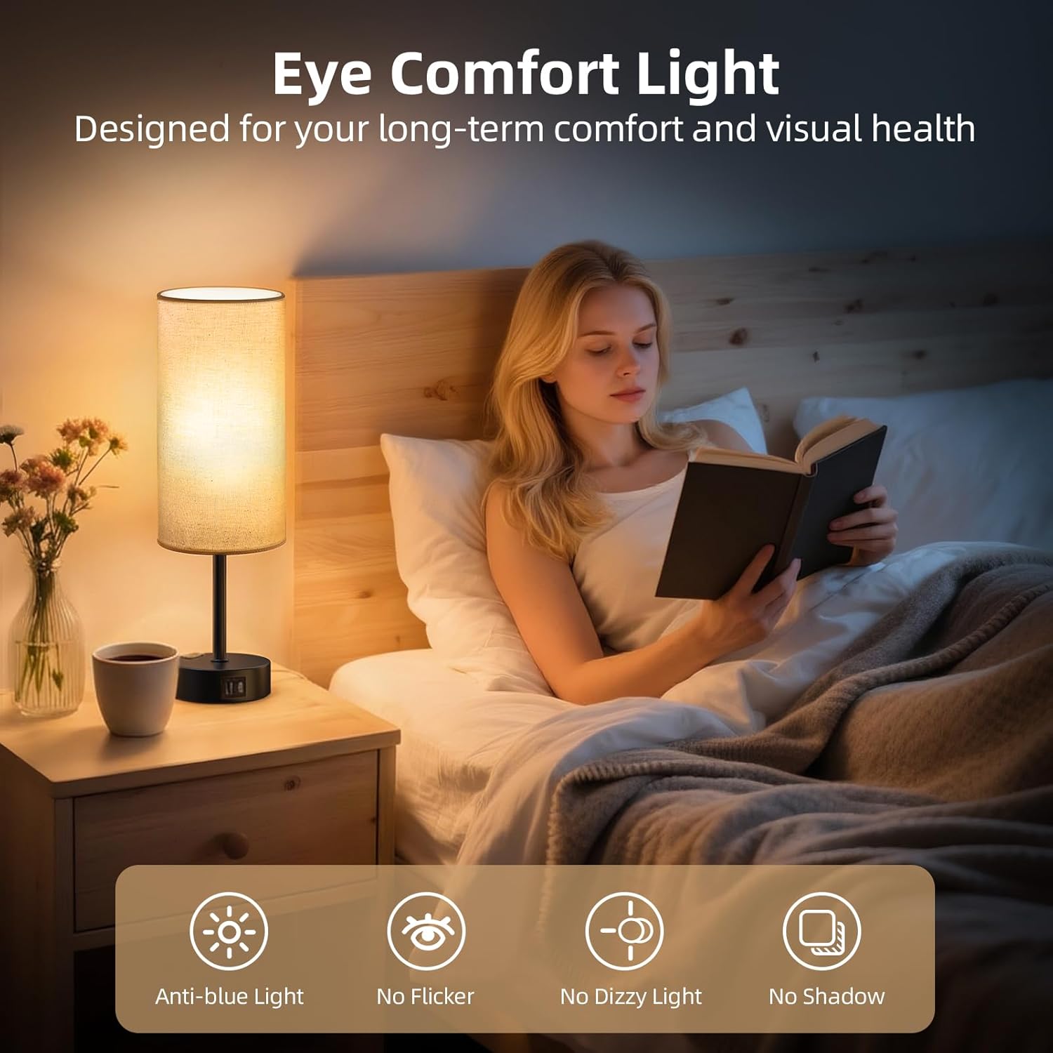 Table Lamp for Nightstand, High-Sensitivity Touch, 3-Level Dimmable Bedside Lamp with AC Outlet | USB | and USB-C, Ideal Night Stand Lamp for Bedroom, Reading, Living Room (Beige&Black)