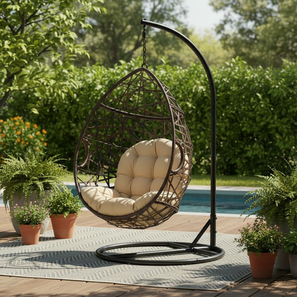 Christopher Knight Home Casie PE Rattan Hanging Egg Chair with Cushion, Outdoor Hammock Chair with Stand, Metal Frame Garden Hanging Chair and Teardrop Shape, Modern Patio Decor, Brown + Black