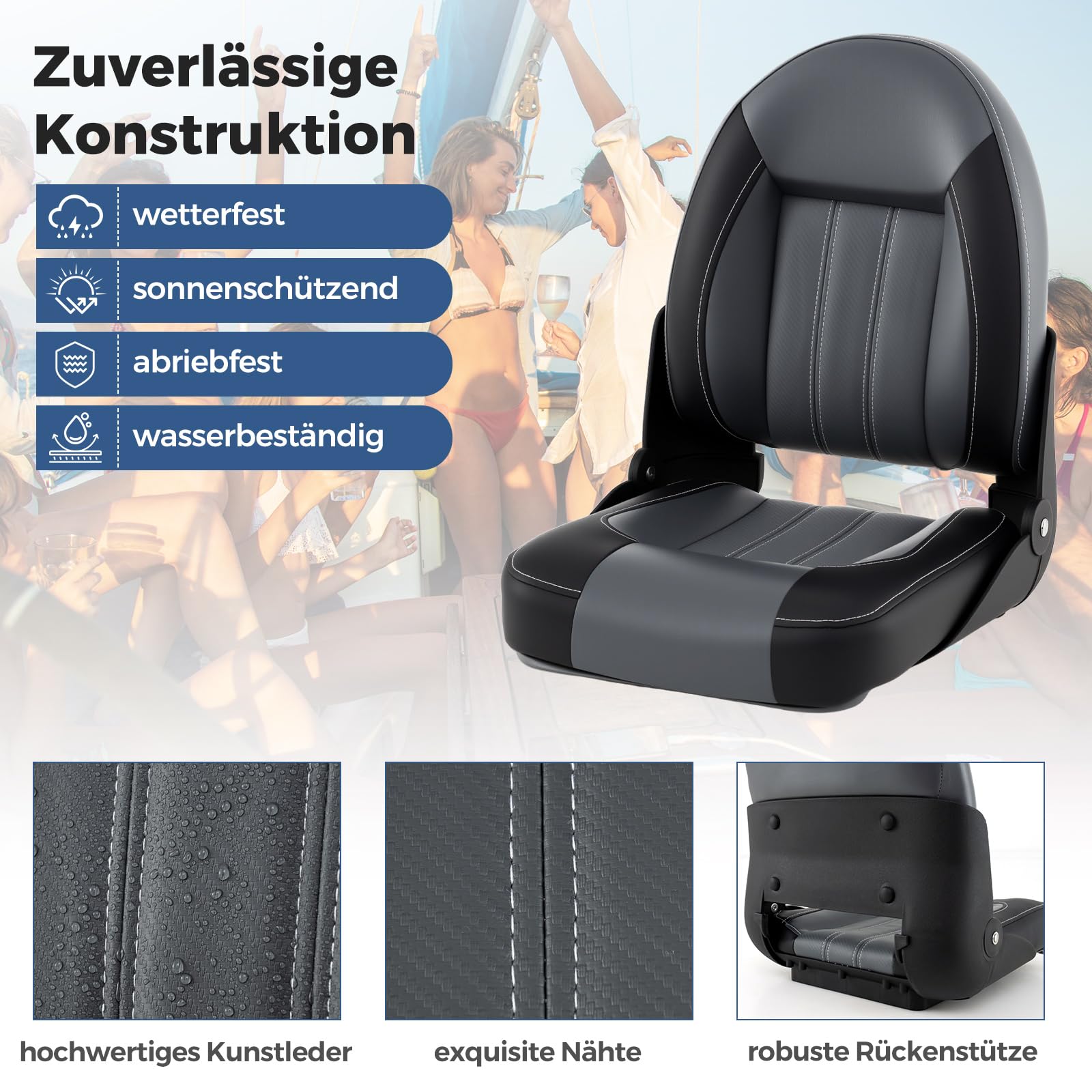 COSTWAY Hochlehner Bootssitz, 2er Set, klappbarer Bootsstuhl mit 7 cm dicker Schaumstoffpolsterung, gepolsterter Steuerstuhl für Boote, Schwarz