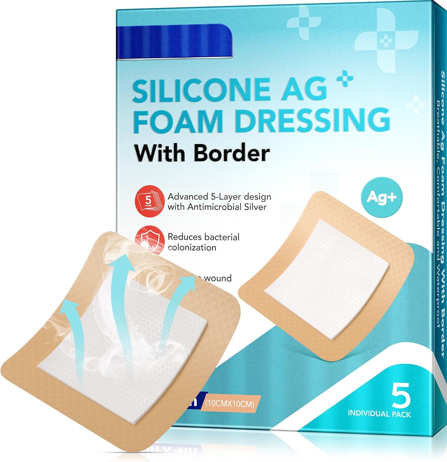 Silicone Foam Dressing, Wound Dressing Pads Various - 5 Packs for Protection from Infection, Hypoallergenic, Breathable, Absorbent for Cuts, Grazes, Ulcers, Sores -10cm x 10cm