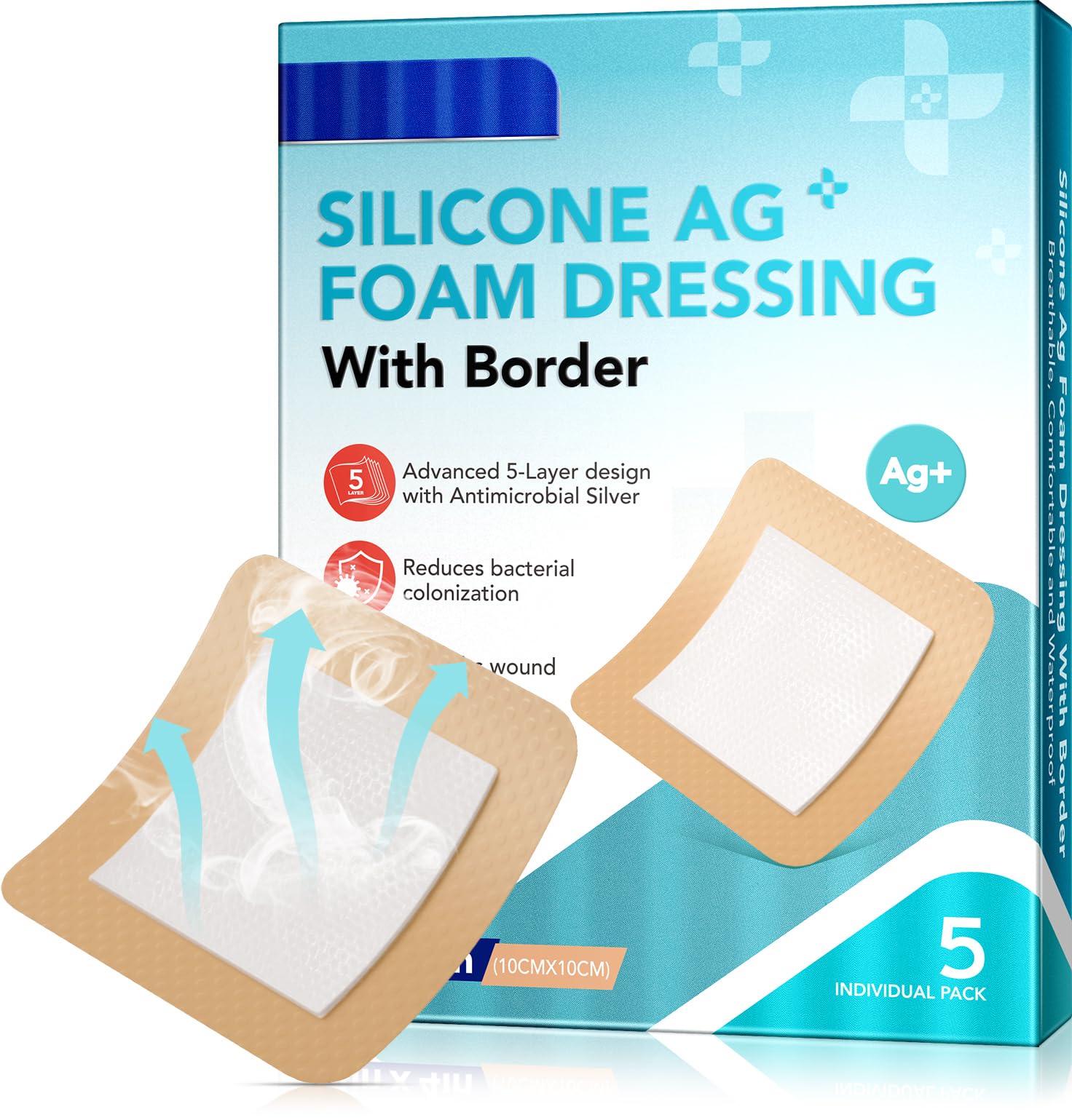 Silikonschaumverband, Wundauflagen Verschieden - 5er Pack zum Schutz vor Infektionen, hypoallergen, atmungsaktiv, saugfähig für Schnitte, Schürfwunden, Geschwüre, Wunden, 10cm x 10cm