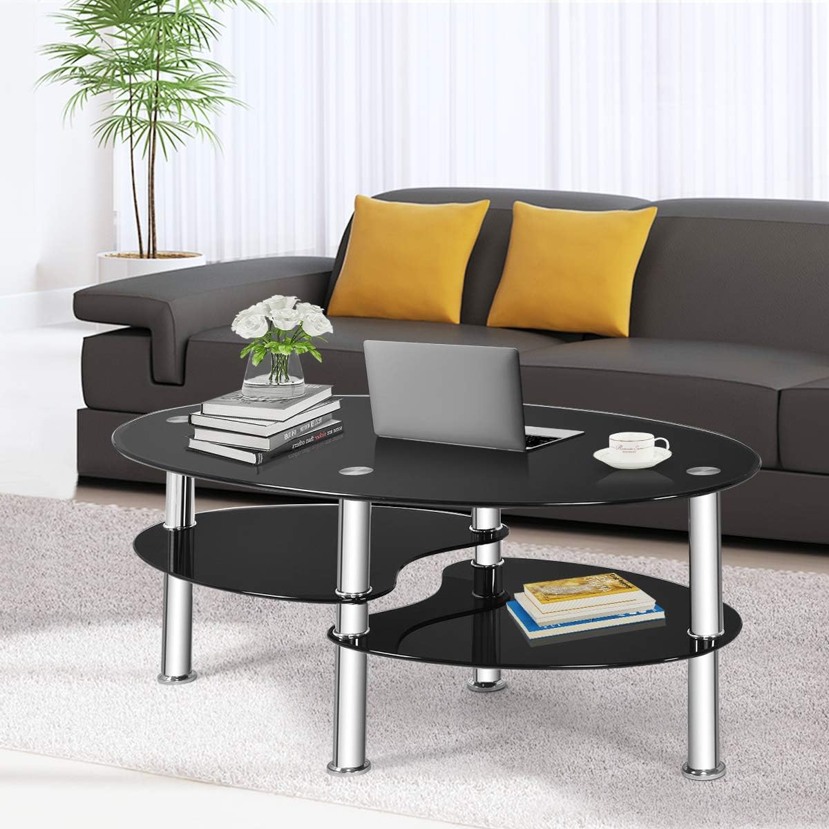 S AFSTAR Glass Coffee Table, 3-Tier Modern Oval Smooth Glass Tea Table Center Table End Table with Open Storage Shelf,Sturdy Steel Legs for Living Room,Home,Office,Cocktail Tea Table (Black)