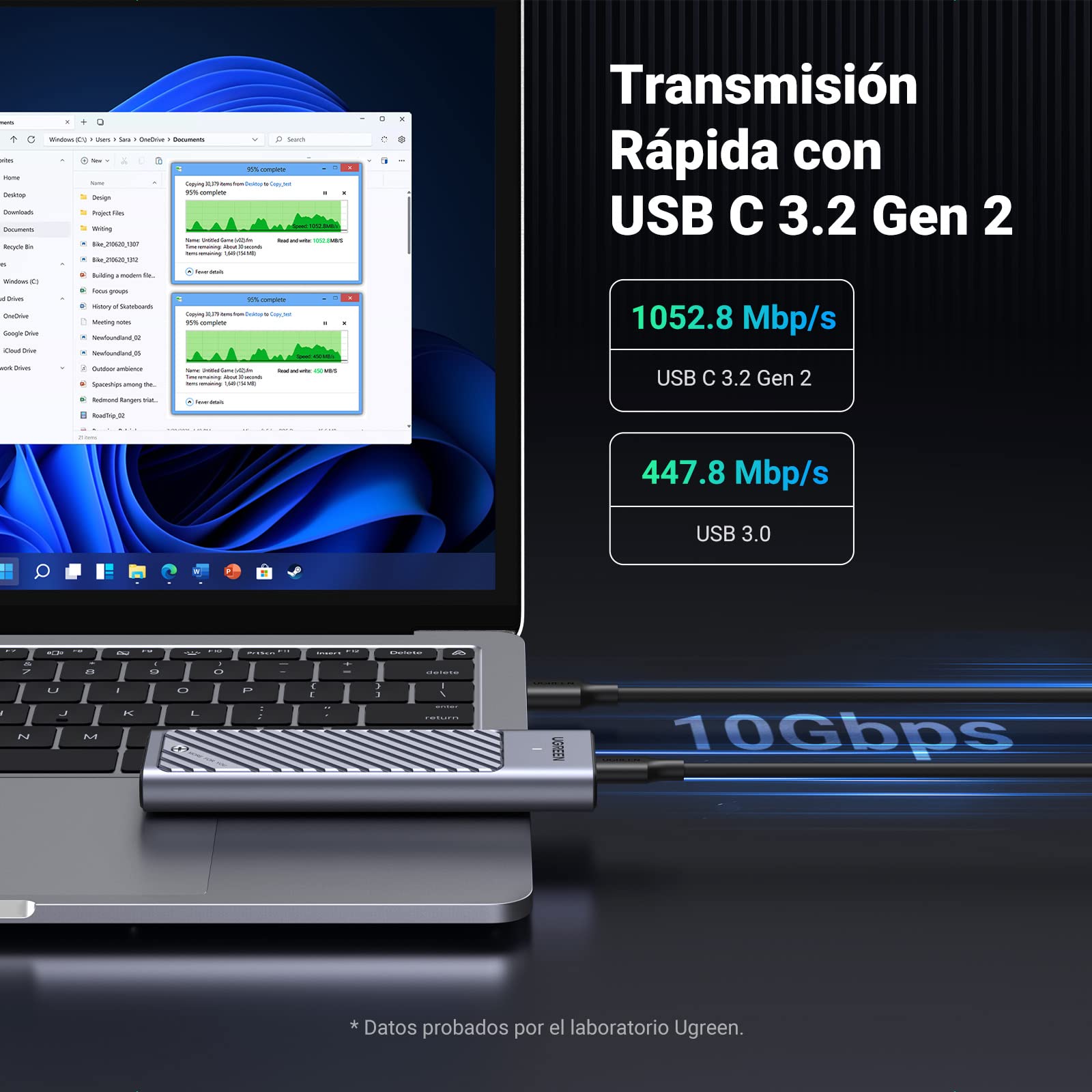 UGREEN Carcasa M.2 NVMe e NGFF USB C 3.2 Gen 2, Caja SSD M2 con UASP 10Gbps para M.2 M/M&B Key 2280/2242/2230/2260 Compatible con 970 EVO Plus Crucial P1 WD