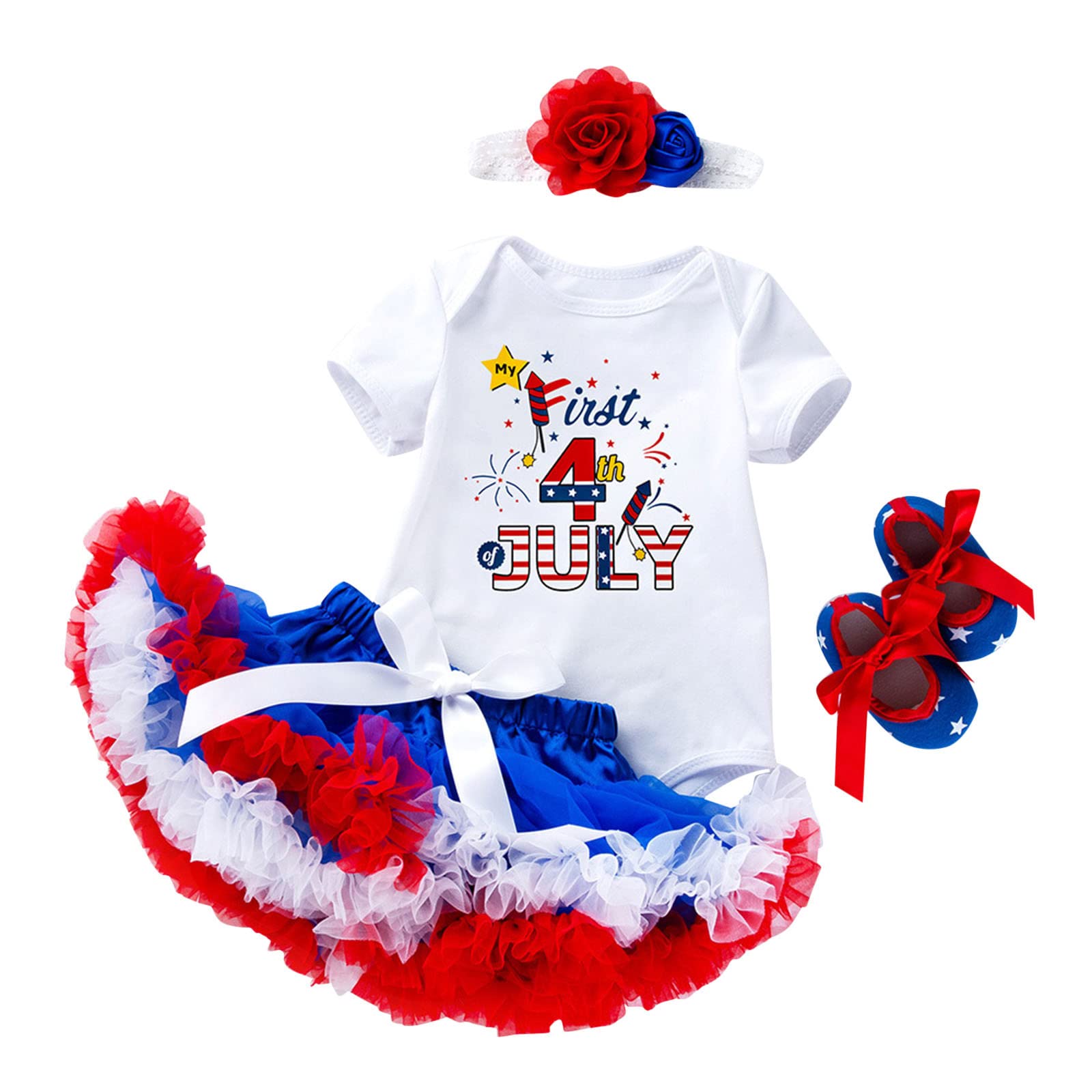 My 1st 4th of July Baby Girl Outfit American Flag Romper+Ruffle Tulle Skirt+Headband+Shoes (White, 3-6 Months)