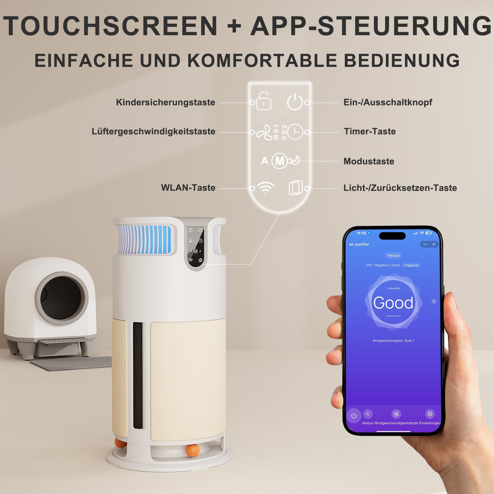 JUMMICO Haustier-spezifischer Luftreiniger - Air Purifier 100m² Abdeckung, abnehmbares Kratzbrett + 3 Bälle, H13 HEPA-Filter, CADR 350m³/h, APP-Steuerung, leise, entfernt Tierhaare & Gerüche