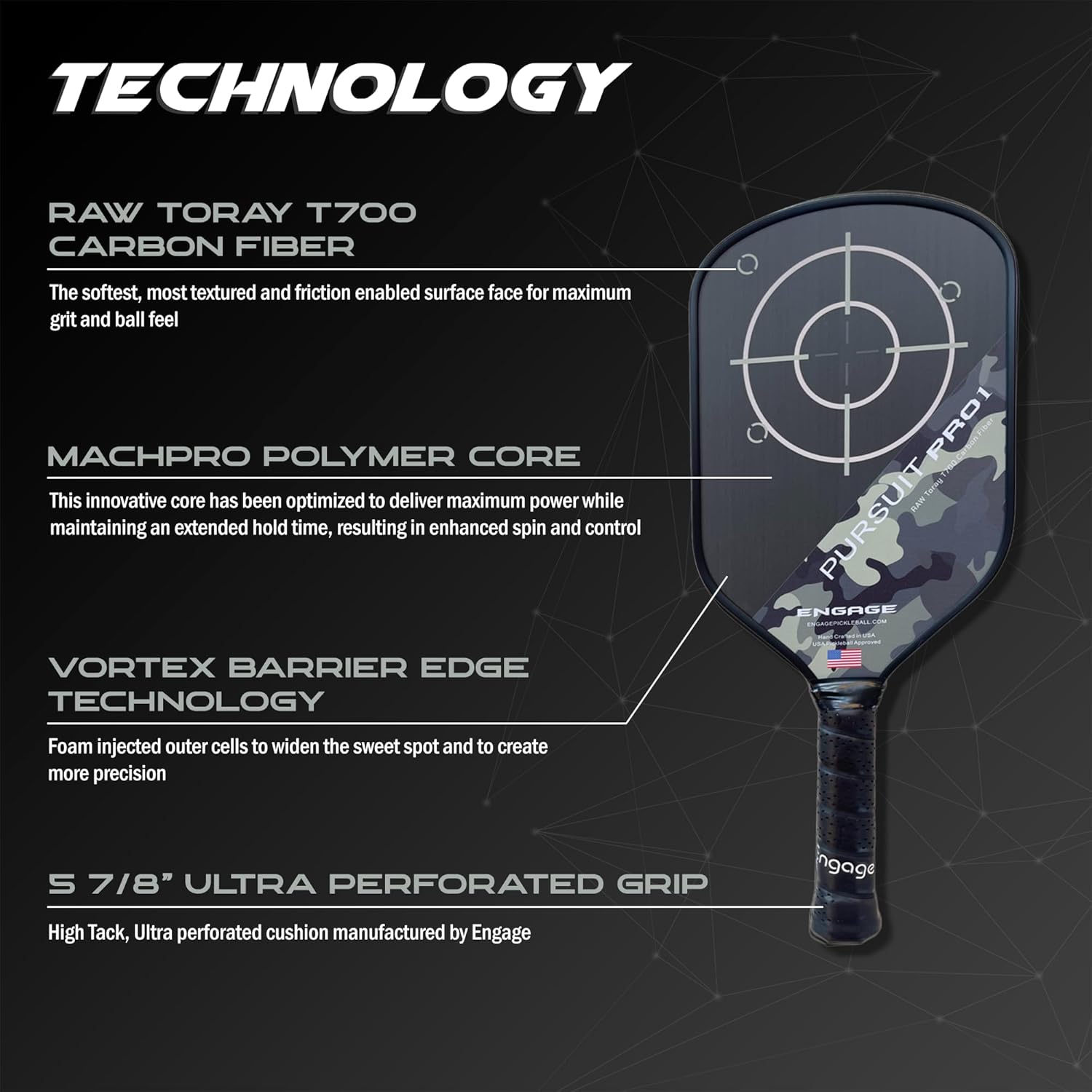 Engage Pursuit Pro1 Pickleball Paddle - Raw T700 Toray Carbon Fiber for Extreme Spin - MachPro Core for Maximum Power & Control (Camo, Light Weight (7.6-7.9oz))
