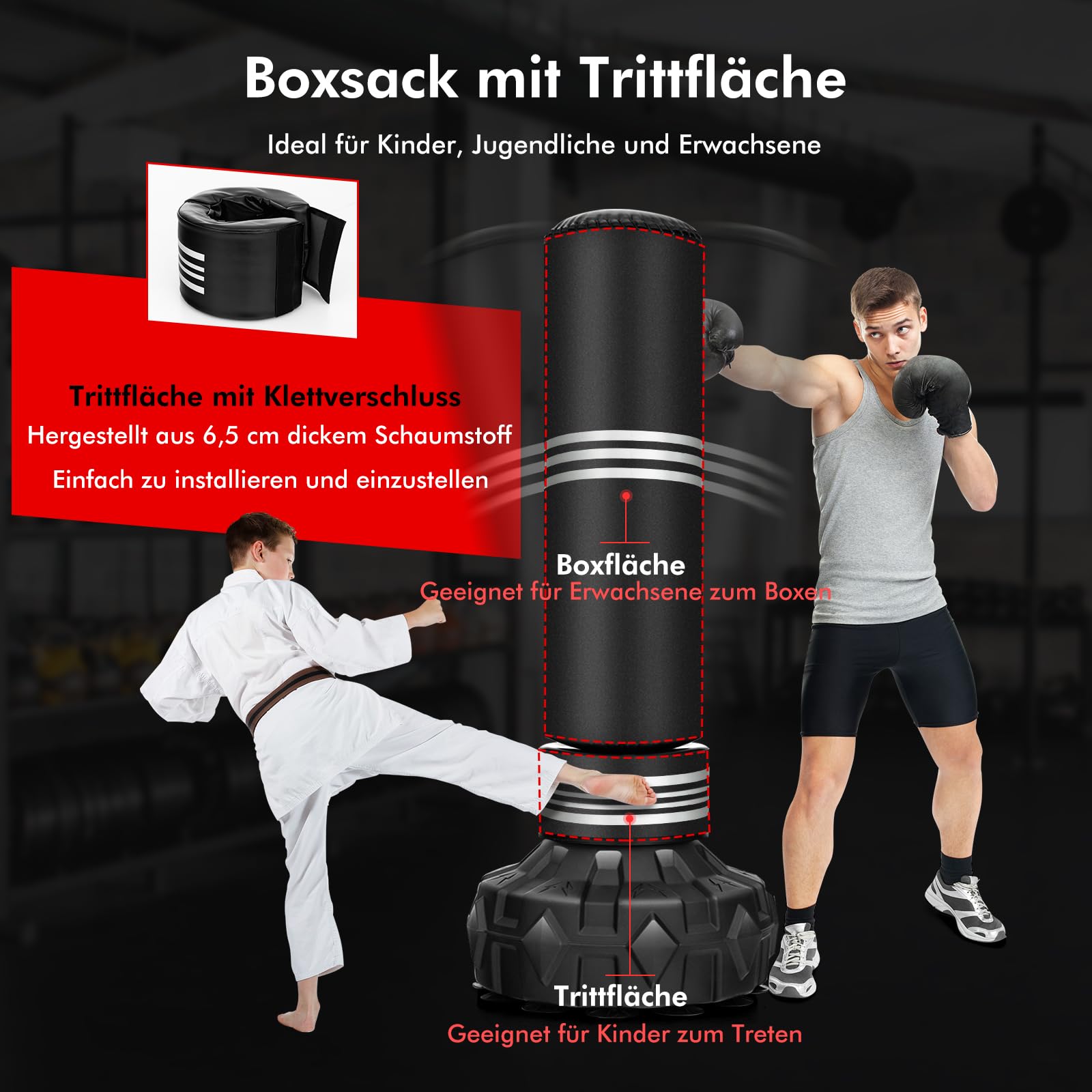 COSTWAY Boxsack stehend, 170 cm Schwerer Box Sack mit gefülltem Ständer, Standboxsack aus Kunstleder mit Saugnapf, Kickboxsack für Kinder, Jugendliche & Erwachsene, Boxing Trainer für Zuhause