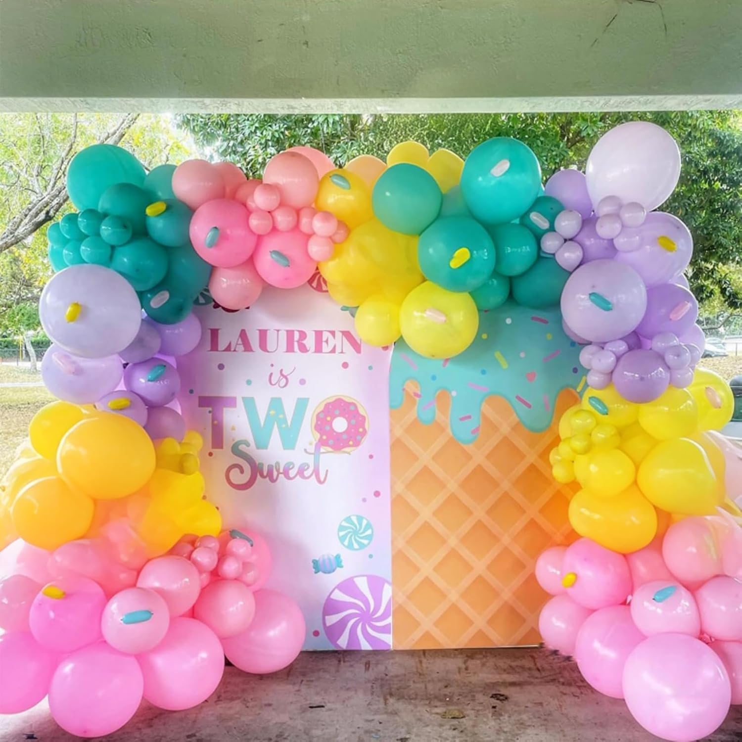 Rainbow Colorful Balloons Arch for Candy Sweet One Two Donut Grow Up Ice Cream Birthday Party Decorations Pastel Purple Pink Blue Yellow Brown Confetti Latex Balloons Garland with Long Balloon - Image 2