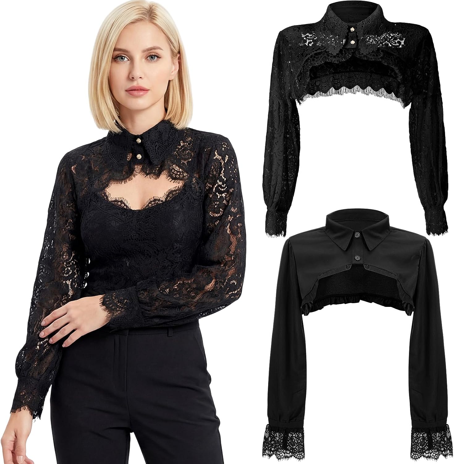 2 Pcs Women's Lace Bolero Shrug Crop Top, Detachable Long Sleeve Cover Fake Collar for Dresses, Cosplay, Wedding