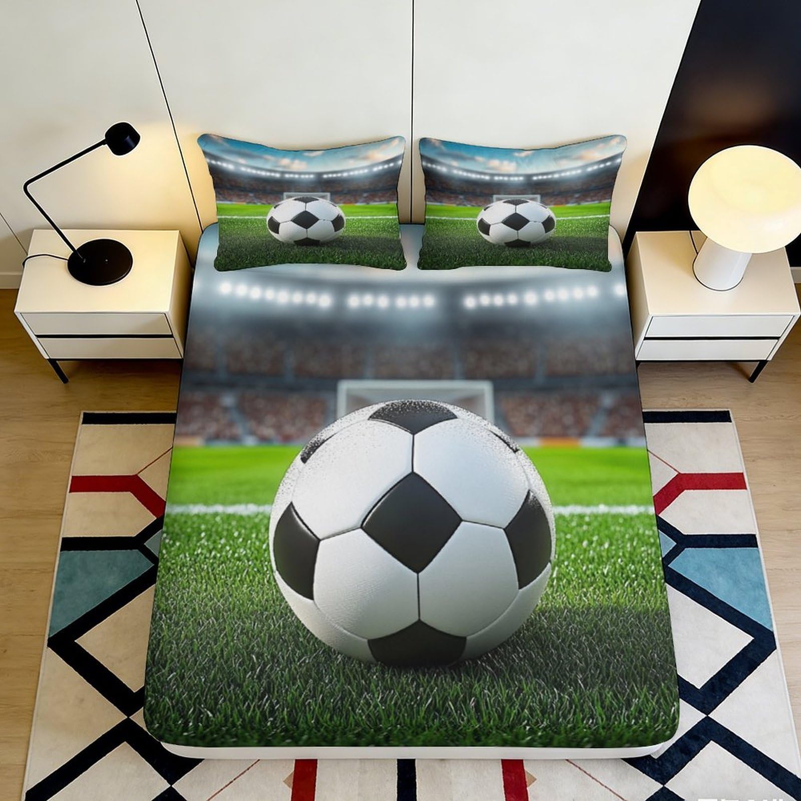 3D Printed Soccer Stadium Fitted Sheet Microfiber Soft Breathable Football Goal Bed Cover for Bedroom Guest Room Decor 90x200x25cm