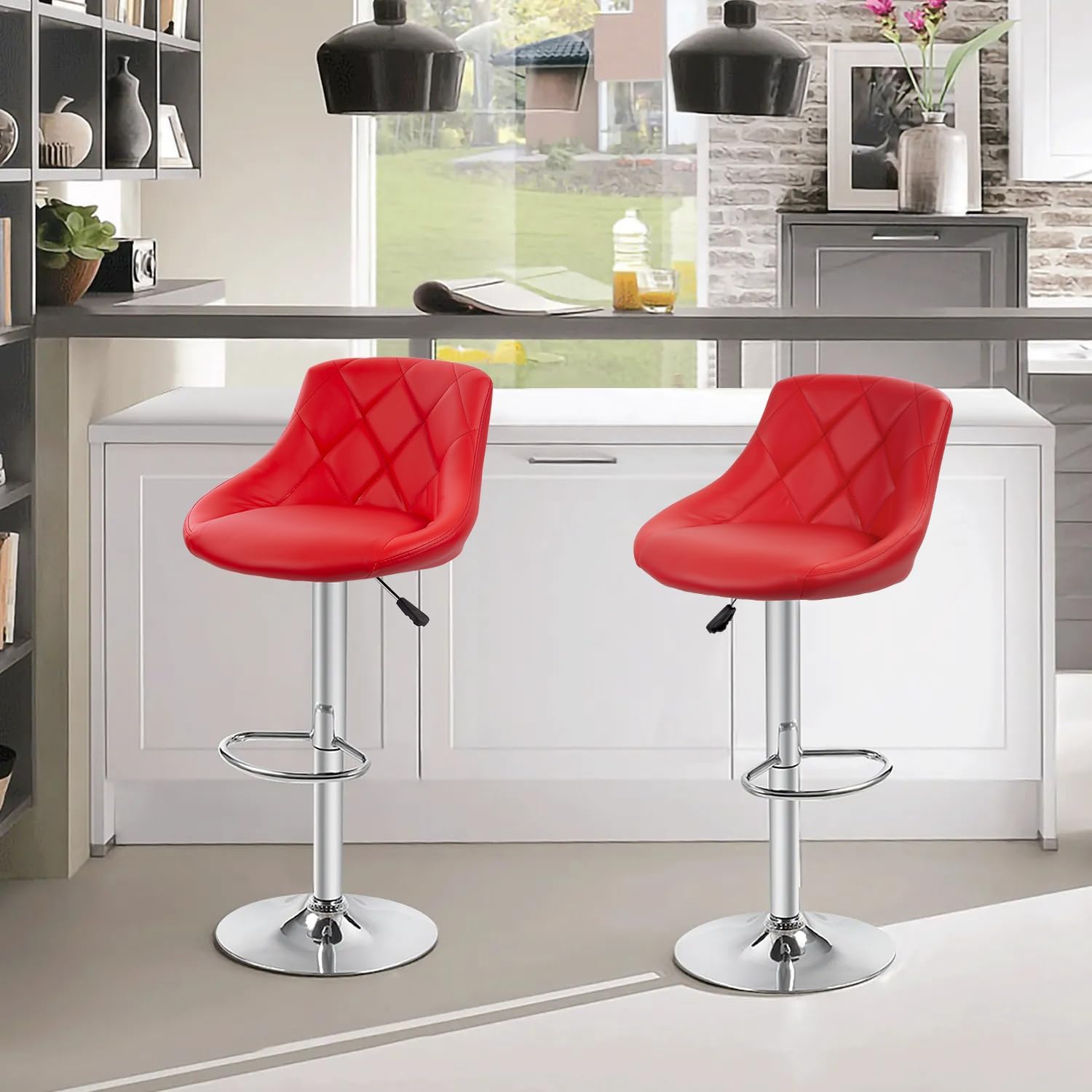 PayLessHere Bar Stools Set of 2,Modern PU Leather,Armless with Backrest Swivel Bar Stools,Red