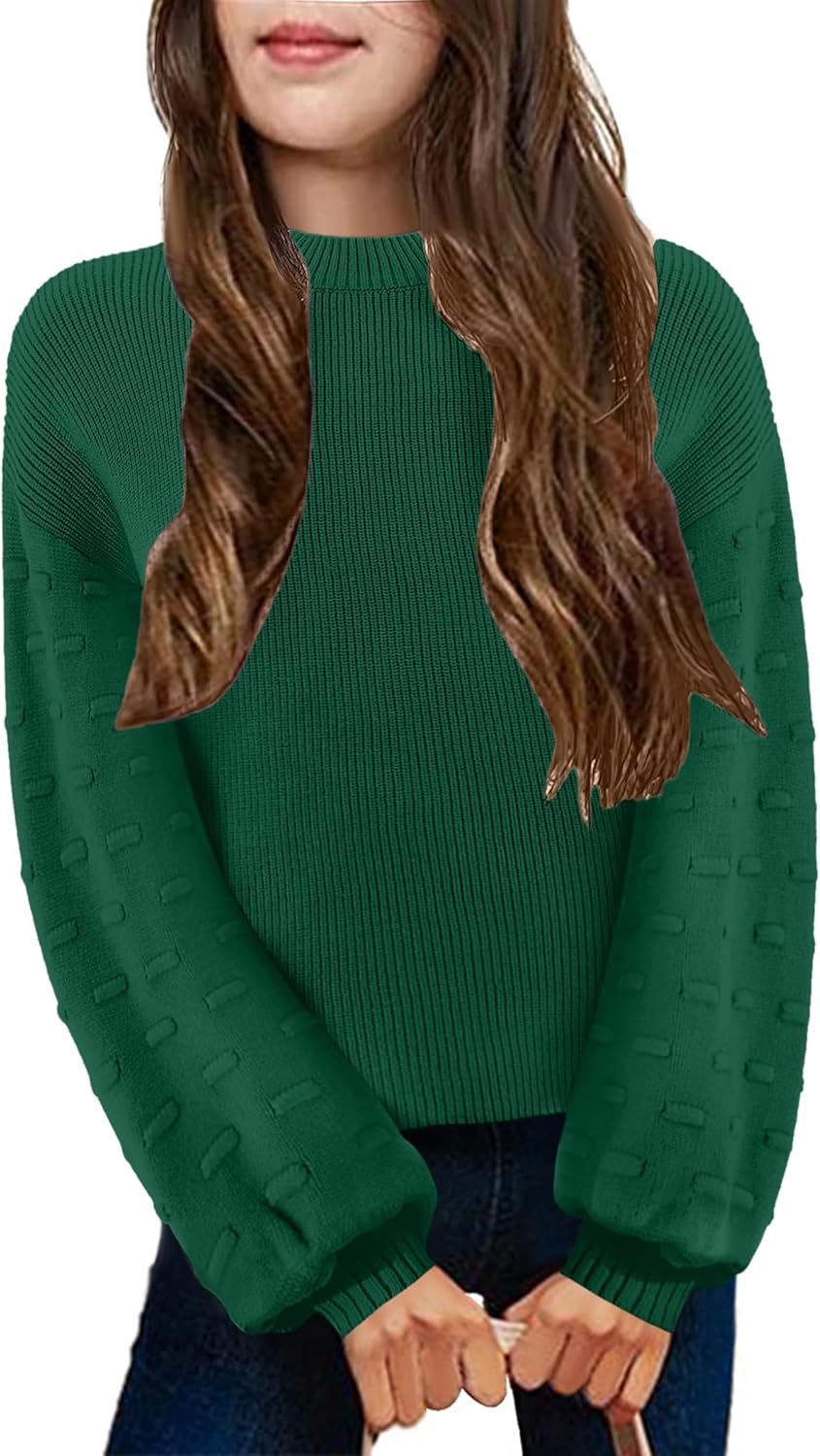 Arshiner Girls Crewneck Sweaters Chunky Lantern Sleeve Knit Jumper Tops Casual Drop Shoulder Pullover Outwear for 5-13 Years