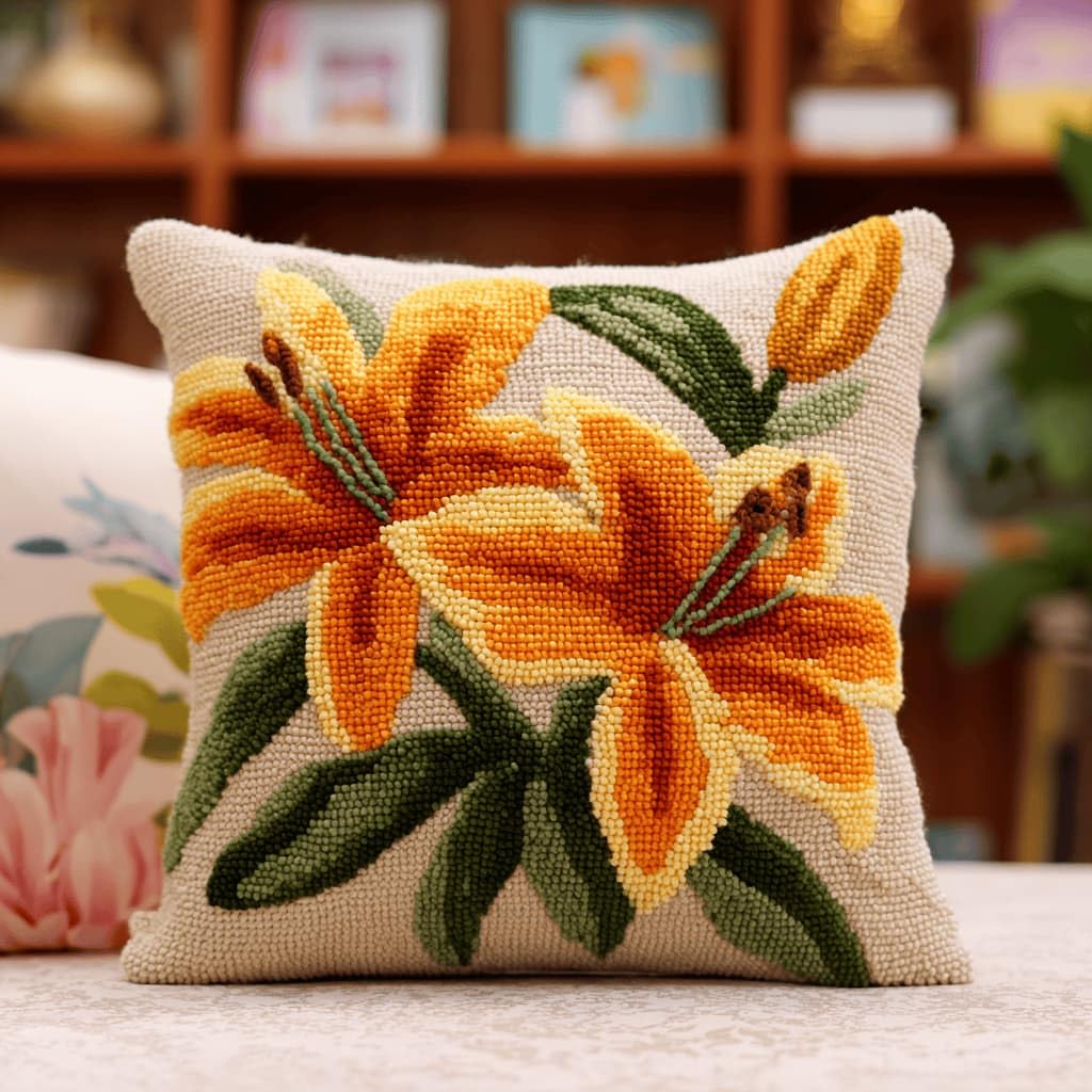 Kitquiver Latch Hook Rug Kits for Adults Lily DIY Latch Hook Cushion Cross-Stitch Embroidery Cushion Cover for Home Sofa Decoration 17X17 in.