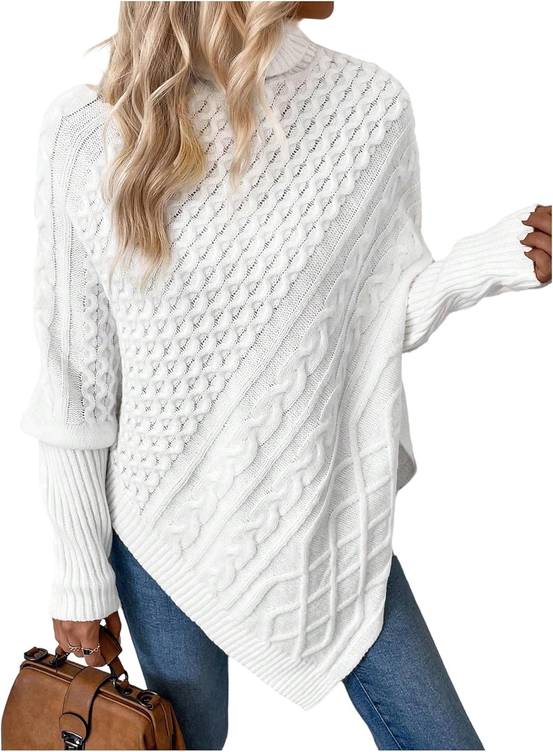 MakeMeChic Women's Cable Knit Sweater High Neck Long Sleeve Asymmetrical Hem Fall Pullover Sweaters