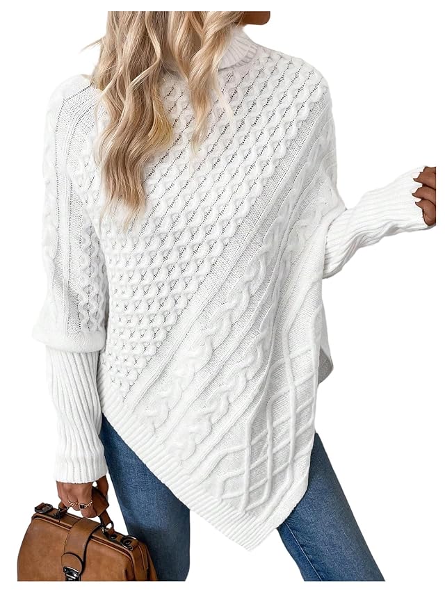 MakeMeChic Womens Cable Knit Sweater High Neck Long Sleeve Asymmetrical Hem Fall Pullover Sweaters