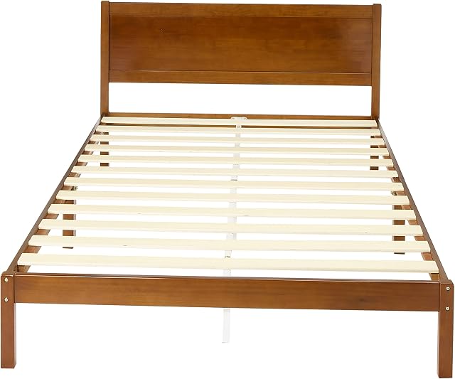 Amazon Basics, Dark Brown Solid Pine Bed Frame With Classic Headboard - Double Bed - 140cm x 200cm
