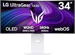 LG UltraGear™ 34GX90SA-W 34 Zoll Curved UWQHD OLED Smart Gaming-Monitor, webOS 24, 240Hz, 0,03ms, DisplayHDR True Black 400, AMD FreeSync Premium, 1x USB-C (65W), 2x HDMI 2.1, 1x DisplayPort 1.4, Weiß
