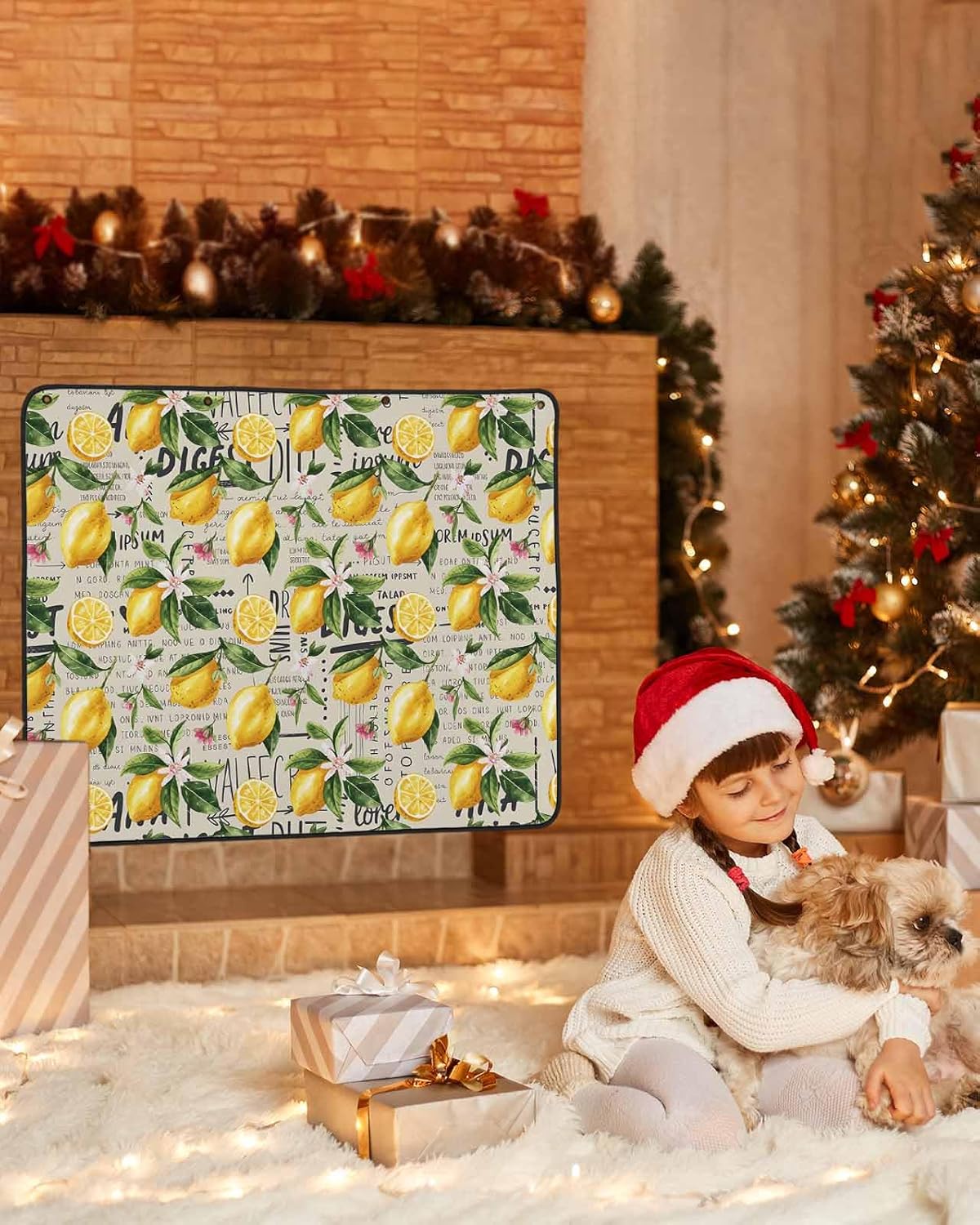 Magnetic Fireplace Cover FloralLemon Fireplace Screen Decorative Yellow Summer Fruit Vintage Text Insulation Fireplaces Blocker Save Energy Fireplaces Draft Stopper Covers for Living Room 36x30