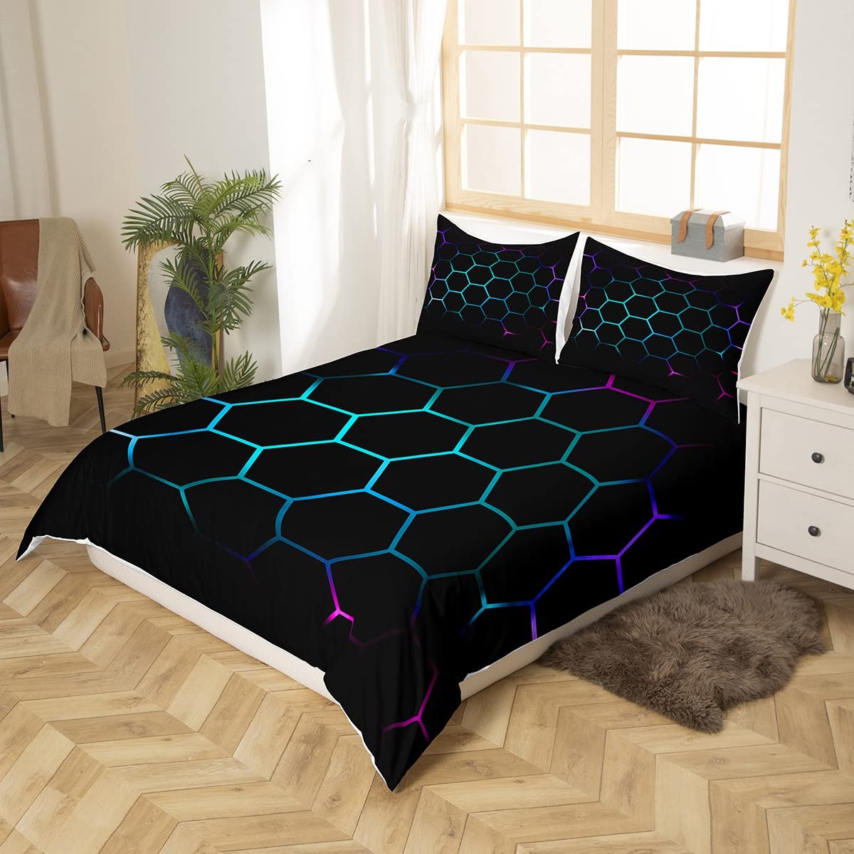 Loussiesd 132115, Juego de funda de edredón infantil con diseño geométrico de panal 3D, estampado hexagonal, morado, azul, verde azulado y negro, 2 piezas, tamaño individual, multicolor