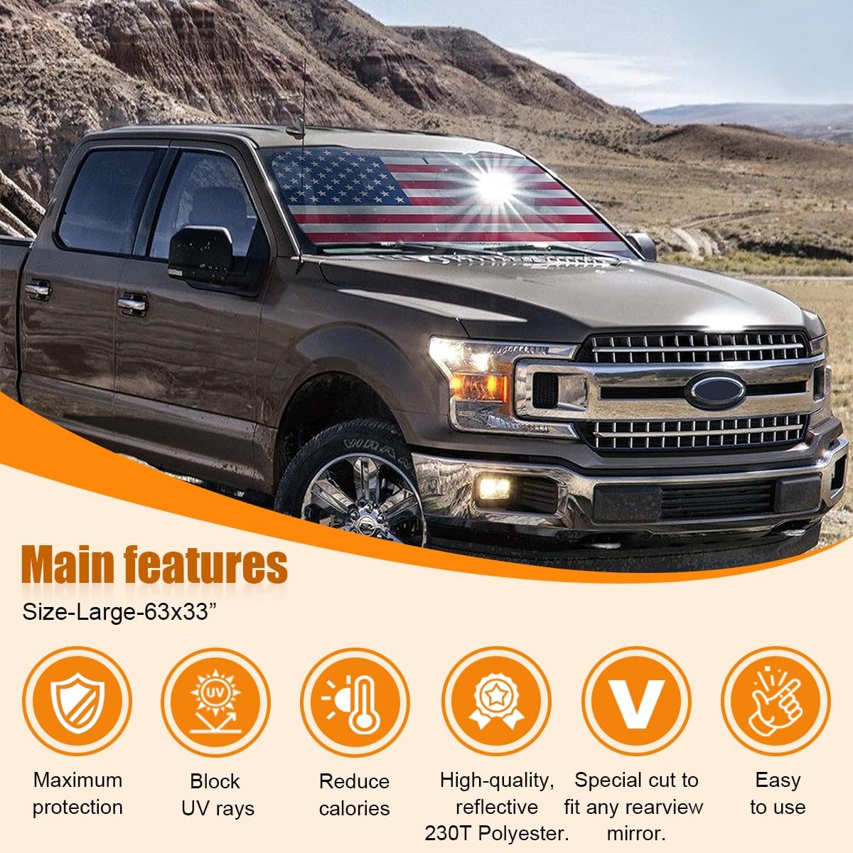 American Flag Car Windshield Sun Shade, Foldable Car Front Window Sunshade for Car SUV Truck, Auto Interior Sun Protection Cover, Blocks UV Rays & Keeps Your Vehicle Cool (USA Original Flag, Large) image 3