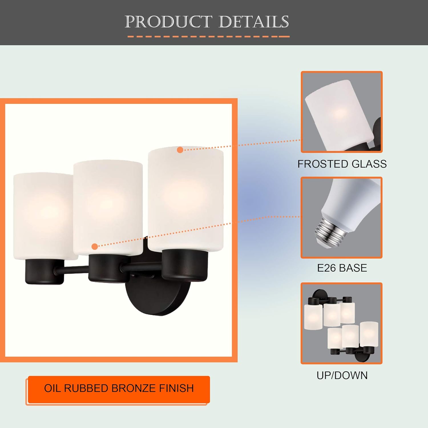 Bathroom Vanity Light fixtures, Wall Fixture, Vanity Sconce, Wall Sconce Light, Three Light Bathroom Vanity Light fixtures with Oil Rubbed Bronze Finish and Frosted Seeded Glass