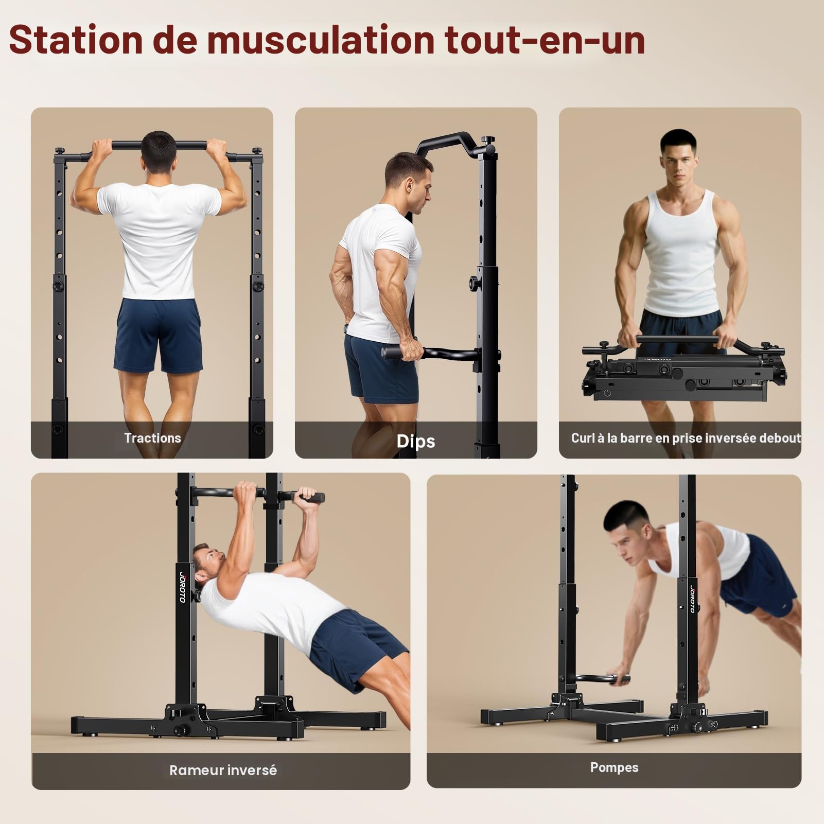 JOROTO Pliable Power Tower Barre de Traction & Dip Station, Autoportante Station de Musculation, Réglable en Hauteur, 5 en 1 Appareil d'Entraînement Dorsal pour la Maison Multifonction, 172KG Capacité