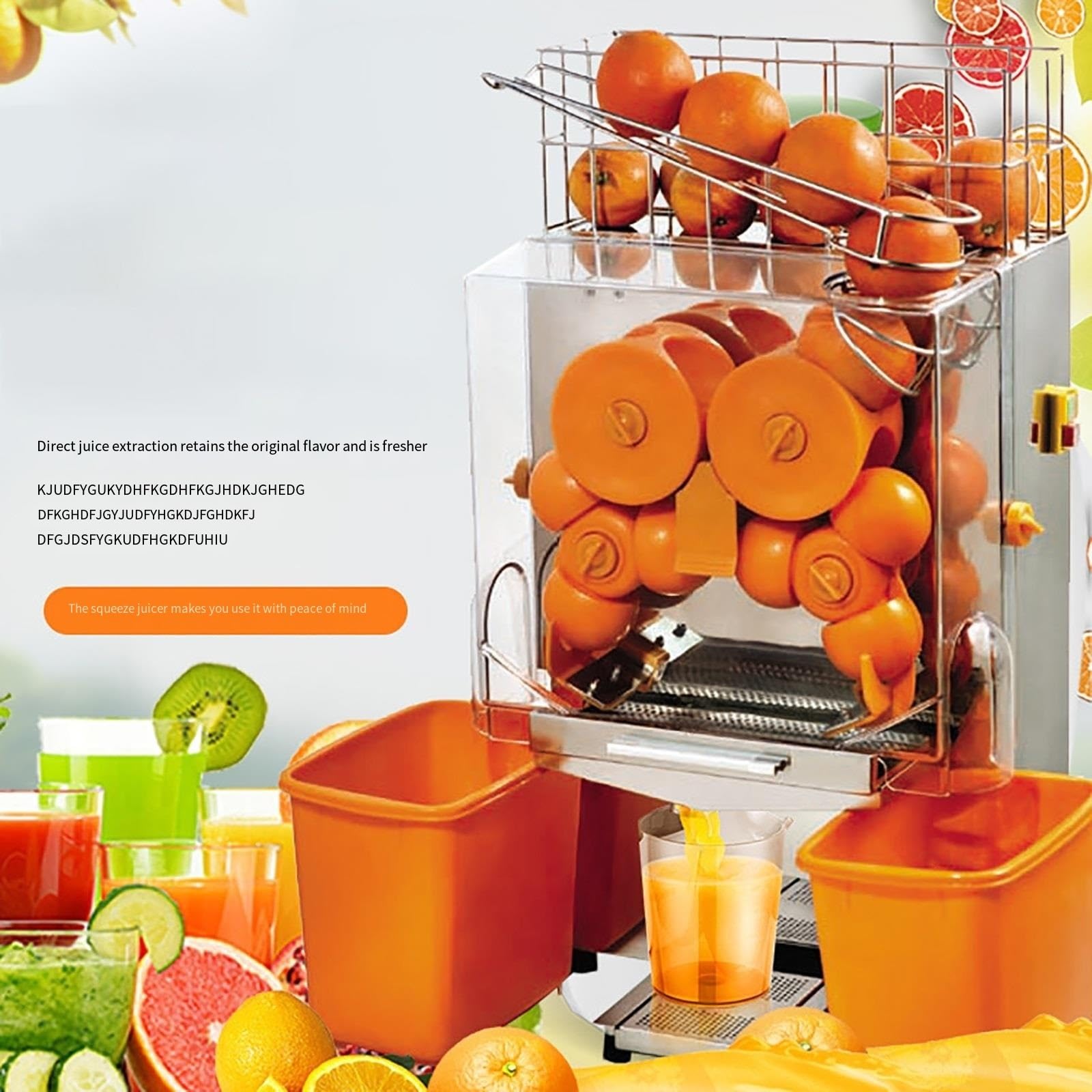 Exprimidor de jugo automático de naranja comercial, exprimidor de acero inoxidable de 120 W con cubos de recogida de cáscara y filtro extraíble, extrae 22-30 naranjas por minuto