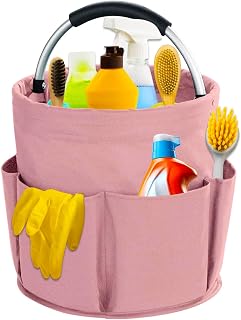 Cleaning basket with handle, waterproof, foldable, for storing household products, household basket with handle and 6 compartments, for garden, bathroom, indoor, pink