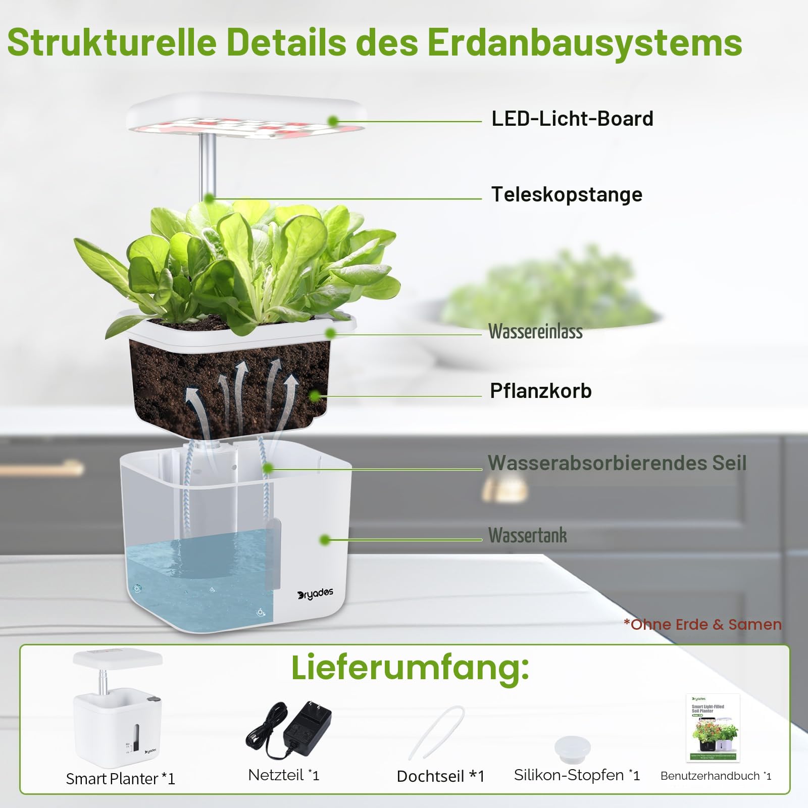 Indoor-Garten Kleines intelligentes Boden-Gartenbau System mit 17-Watt-LED-Wachstumslampe, Automatischer Timer, Selbstbewässernder Pflanztopf, Geschenkideen für Mütter und Frauen(Ohne Samen & Erde)