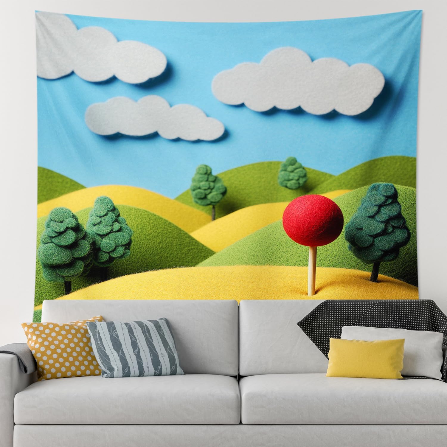 Cartoon Anime Mountain Wall Tapestry for Bedroom Men Women, Cute Fun Forest Nature Tapestry Wall Hanging, Small Big Landscape Wall Decor for Living Room Classroom Dorm 60 * 40