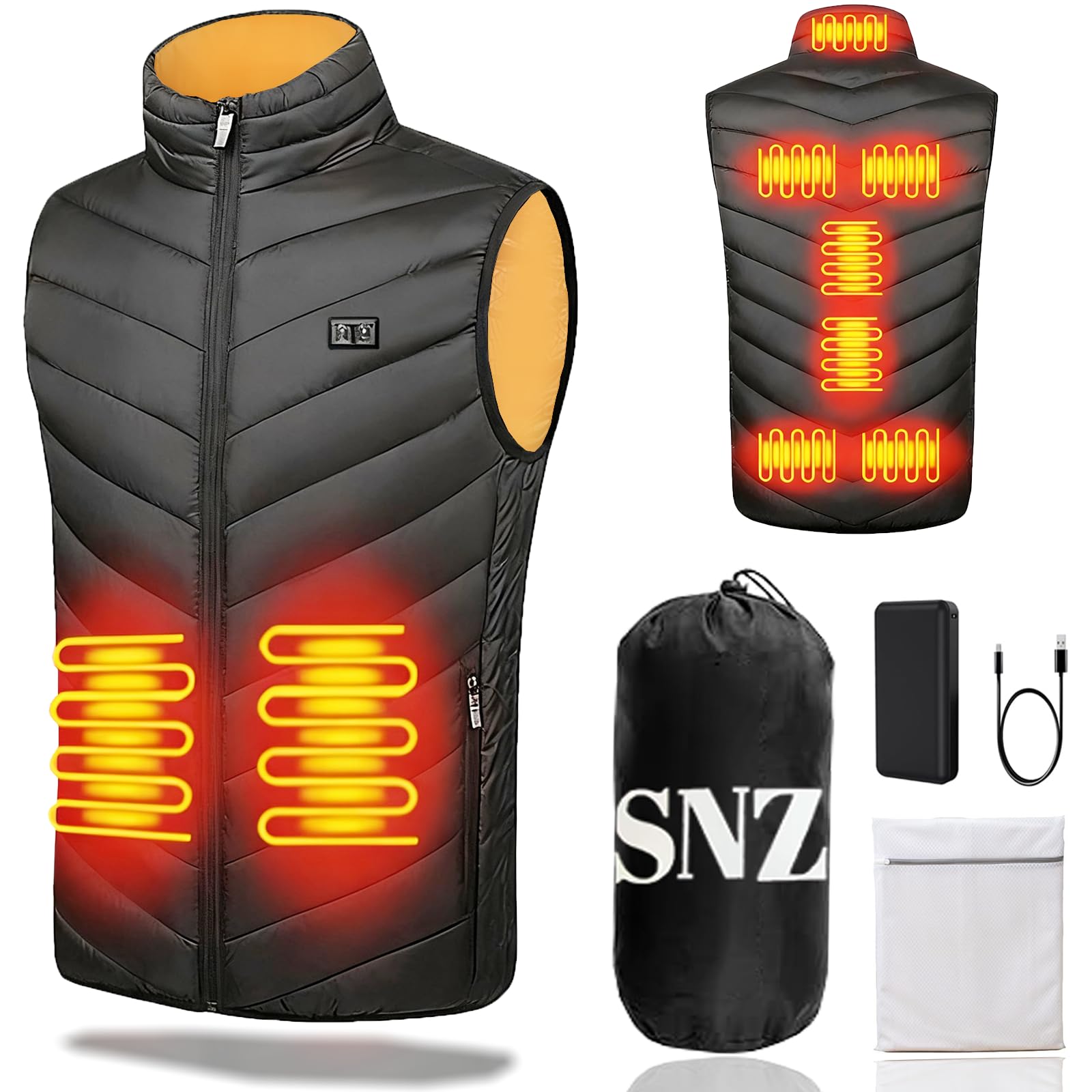 SNZ Chaleco Calefactable Con Batería, USB Chaqueta Calefactable, Invierno Cálido Chaleco Mujer Y Chaleco Hombre Para El Senderismo Al Aire Libre Caza Moto Camping Snowboard