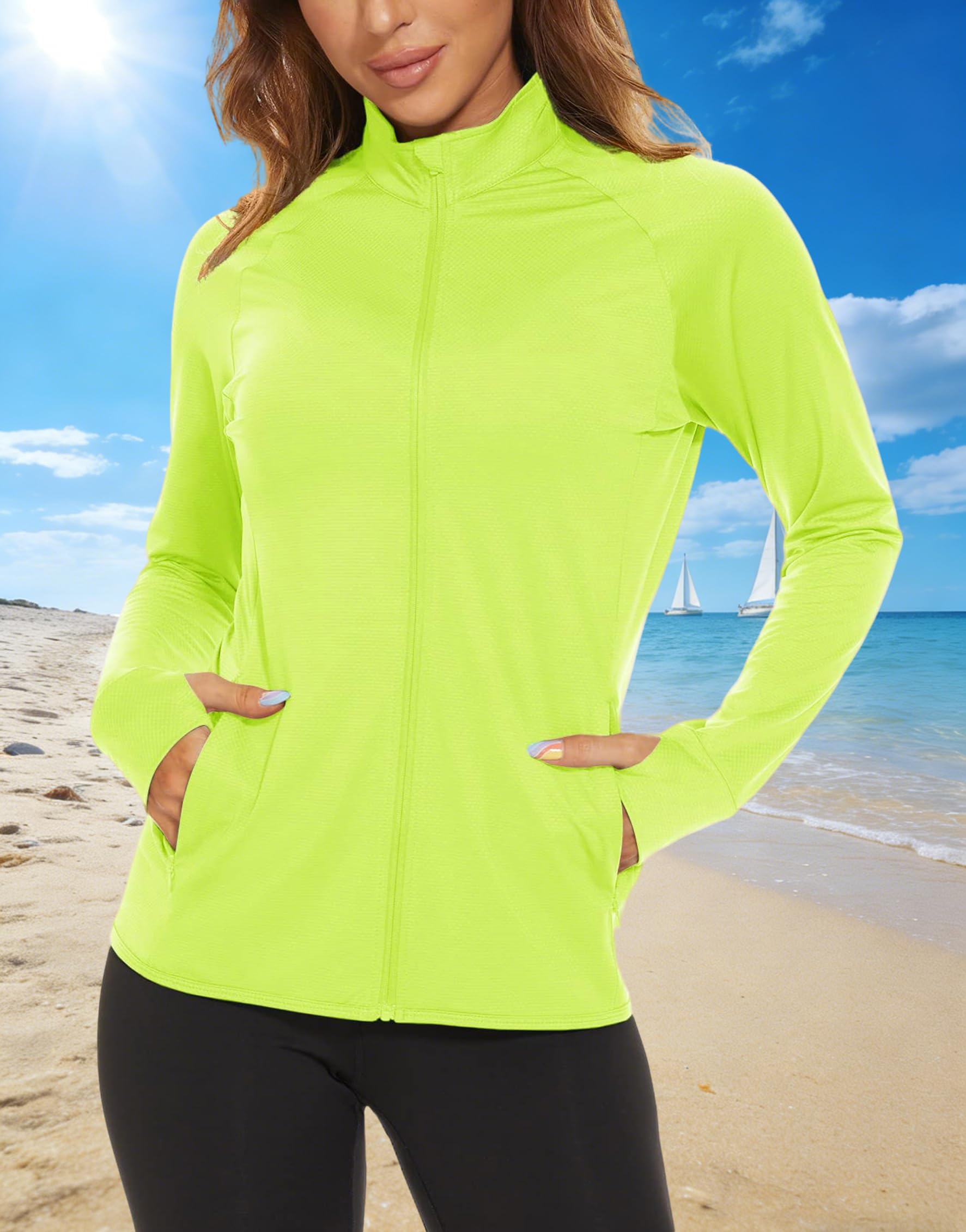 Giacca da donna con protezione solare UPF 50+, leggera, con cerniera intera, felpa con cappuccio a maniche lunghe, per allenamento, escursionismo, corsa