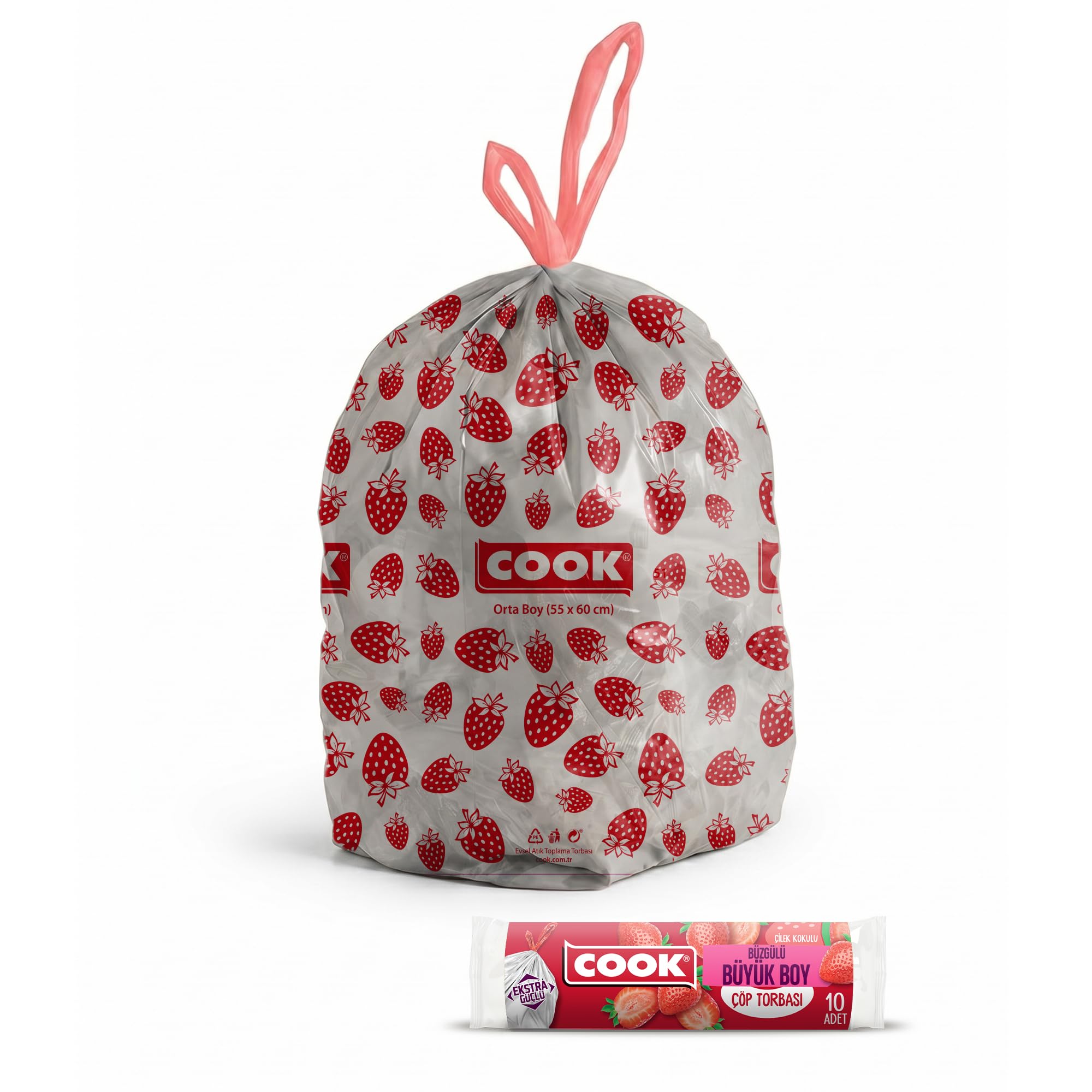Cook Büzgülü Kokulu Çöp Torbası, Büyük Boy, Çilek Kokulu, 10 Adet/Rulo