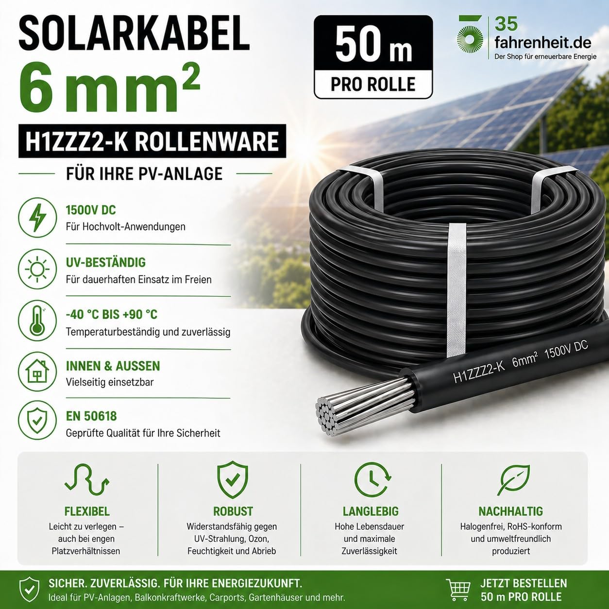35Fahrenheit Solarkabel 6mm2 H1Z2Z2-K 6mm2 | 50m Verlängerungskabel 6mm2 | UV-beständiges Photovoltaik Kabel 6mm2 Schwarz| UV- & Witterungsbeständig für PV Solaranlage