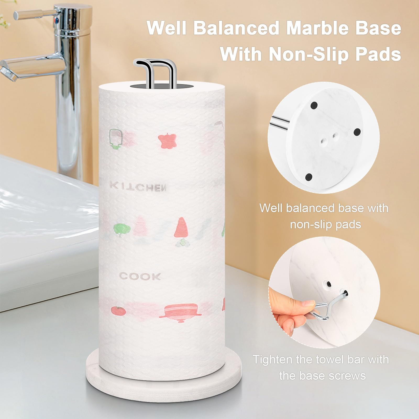 Soporte para toallas de papel, dispensador de toallas de papel de metal resistente con base de mármol, tamaño estándar o jumbo para encimera de cocina, granja, sala de estar, acabado cromado 6