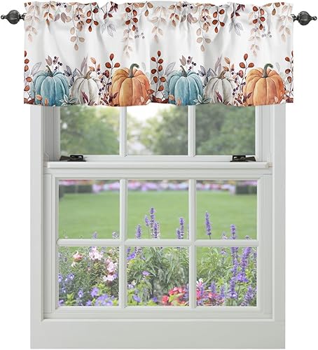 Miniatura 1 de Cortinas de cocina de Acción de Gracias, cenefas para ventanas, acuarela, calabazas de otoño, hojas de eucalipto, bolsillo para barra, tratamiento