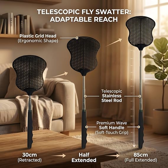 MYSTICHOME Fly Swatter 2 PCS, Durable Heavy Duty Plastic Fly Swatters, Stainless Steel Telescopic FlySwatter for Indoors/Outdoor/Kitchen/Garden,Black