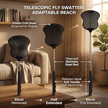 MYSTICHOME Fly Swatter 2 PCS, Durable Heavy Duty Plastic Fly Swatters, Stainless Steel Telescopic FlySwatter for Indoors/Outdoor/Kitchen/Garden,Black