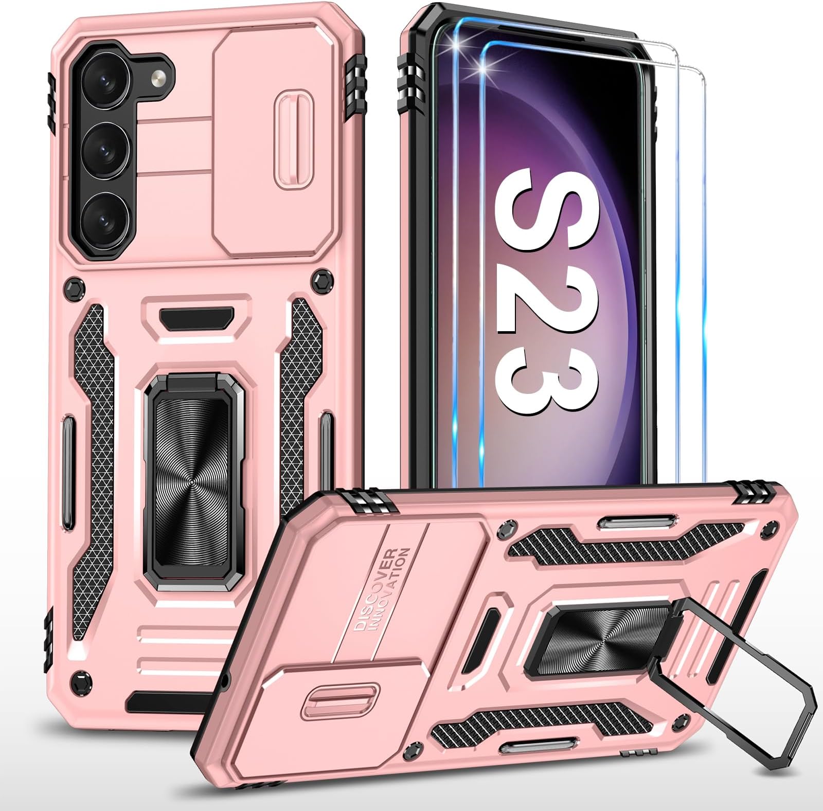 for Samsung Galaxy S23 Case with Camera Cover & 2 Screen Protectors, Military Grade Heavy Duty Shockproof for Samsung S23 Cover, Magnetic Kickstand Phone Case for Galaxy S23 5G, Rose Gold