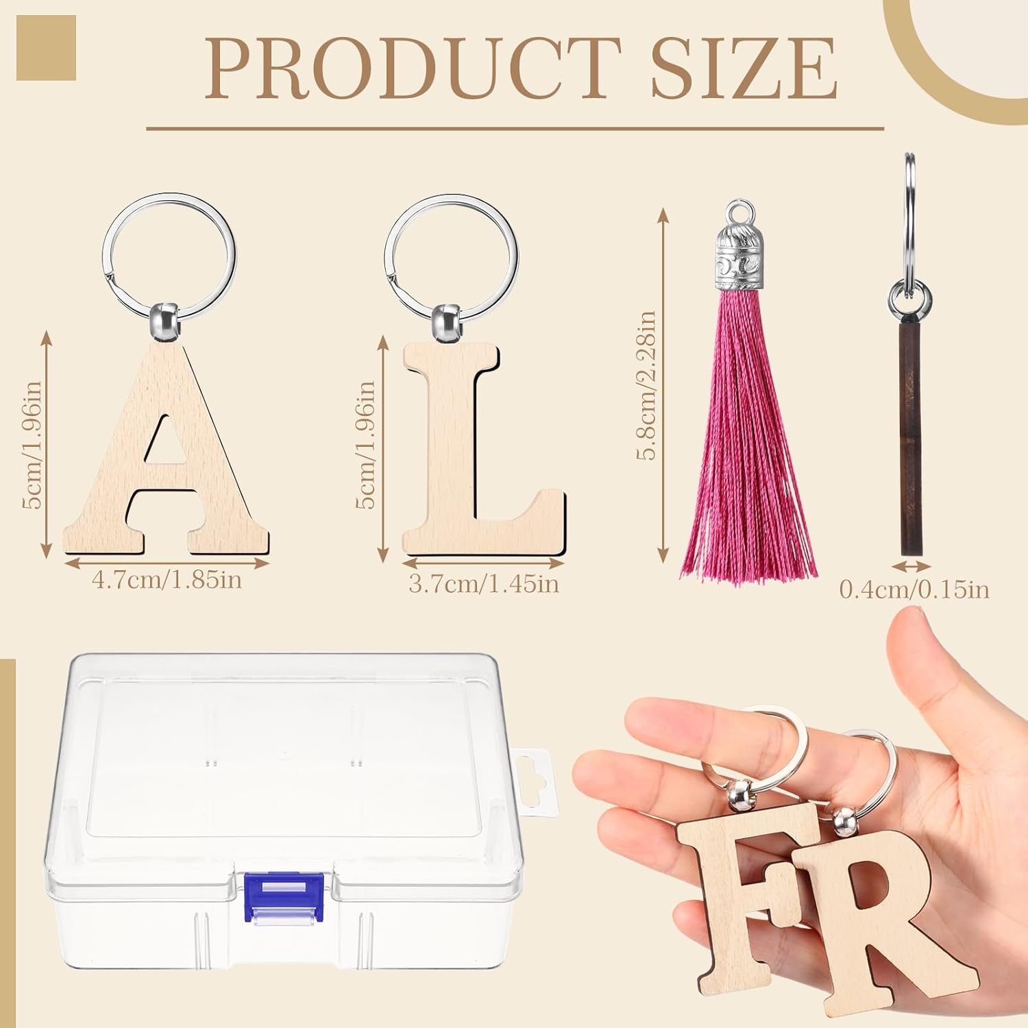 Tondiamo 52 Pcs Personalized Letter Keychain Wood Engraving Blanks Keyring Name Keychain with Tassel Container for DIY Craft